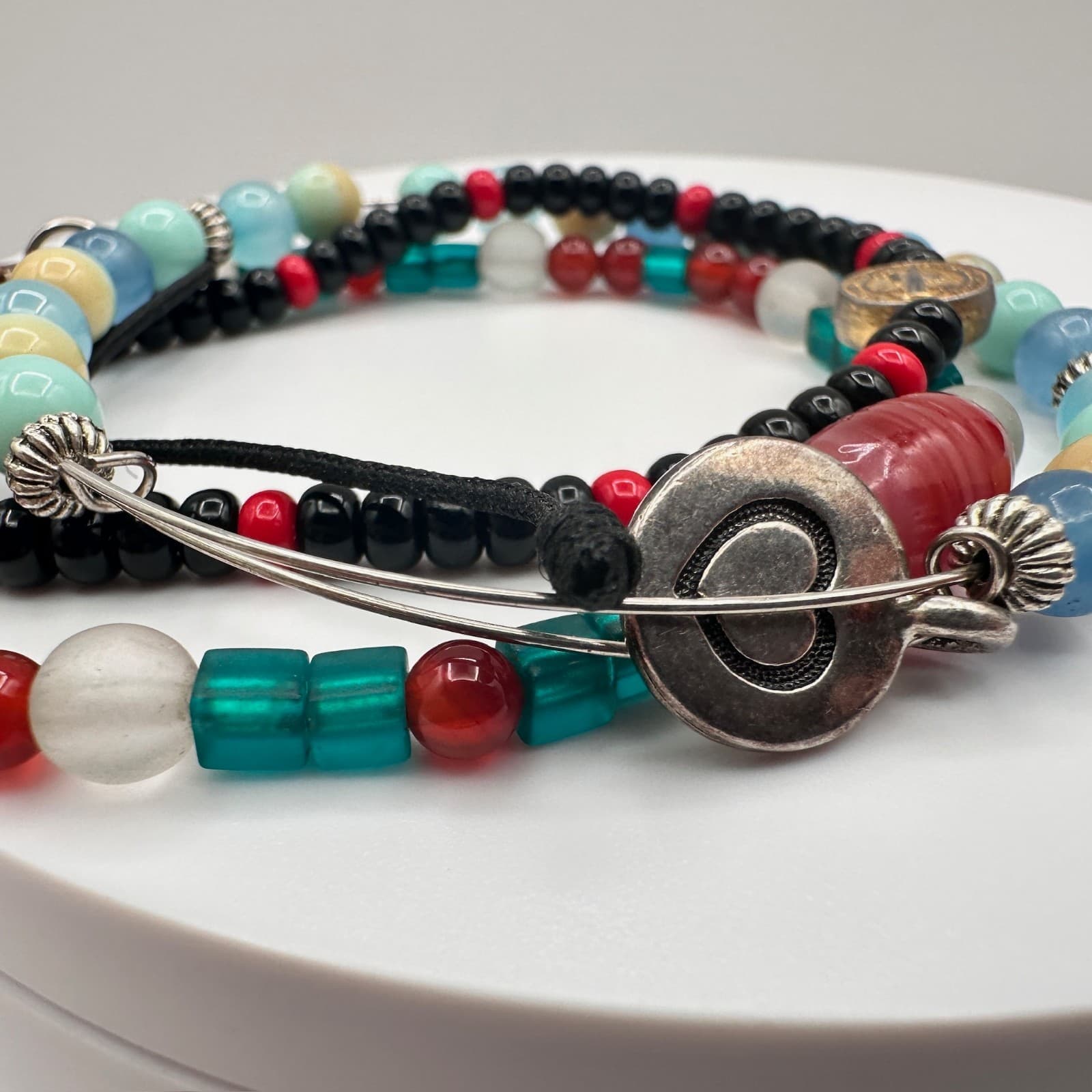 Vintage 90s Mixed Glass Bead Multi-Color Religious Bracelet Set Heart Jewelry - Thumbnail 5