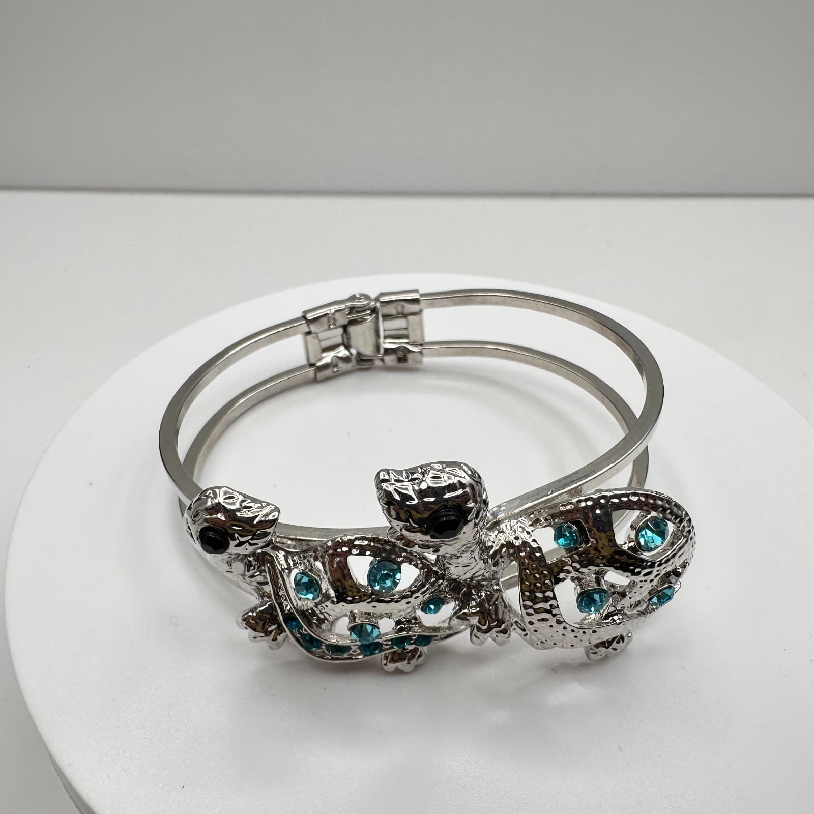 Vintage 90s Silver Tone Lizard Gecko Bracelet Blue Rhinestone Women's Jewelry - Thumbnail 12