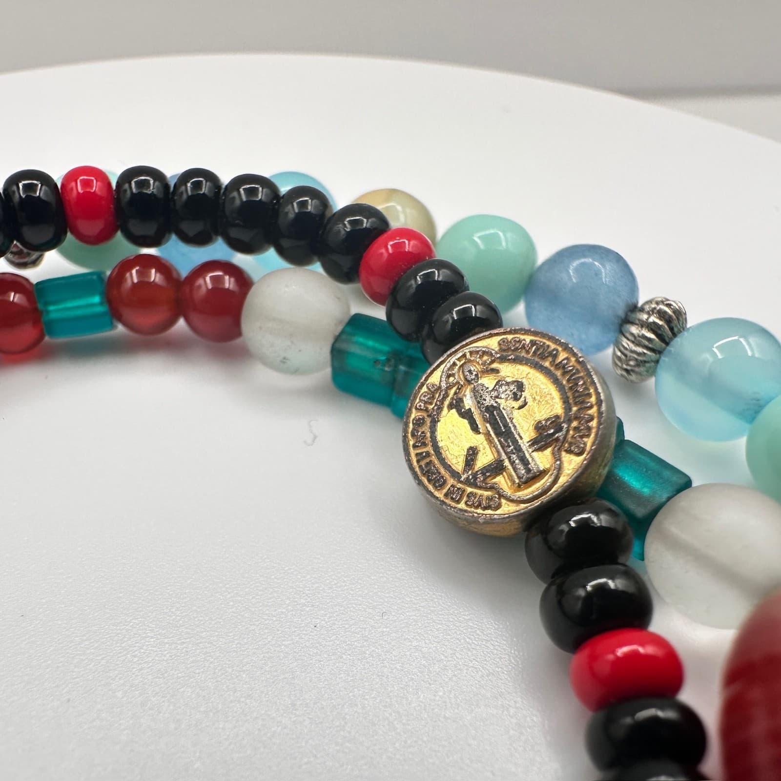 Vintage 90s Mixed Glass Bead Multi-Color Religious Bracelet Set Heart Jewelry - Thumbnail 10