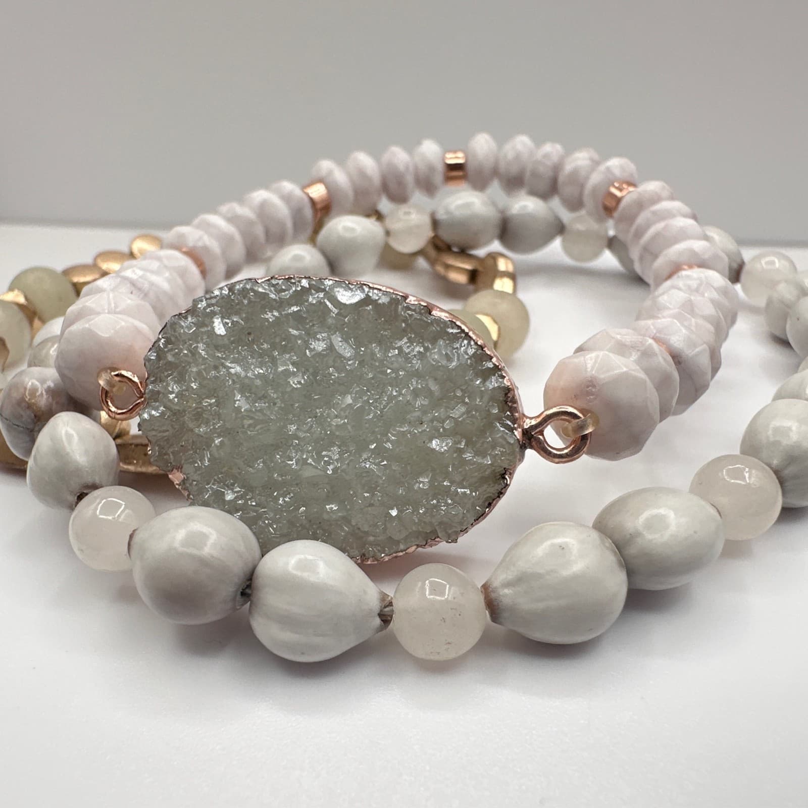 Vintage 90s Boho Multi-Strand Bracelet Set Druzy Quartz Beaded Jewelry - Thumbnail 5