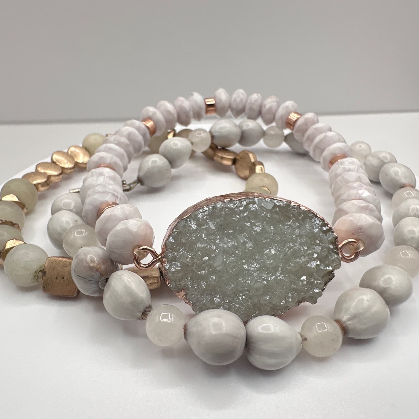 Vintage 90s Boho Multi-Strand Bracelet Set Druzy Quartz Beaded Jewelry - Thumbnail 3