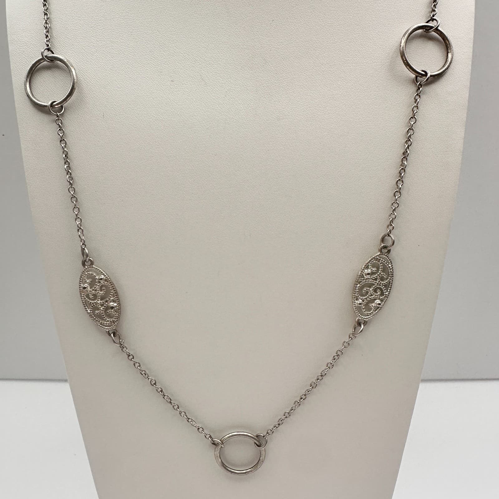 Vintage 90s Silver Tone Filigree Station Necklace Oval Chain Boho Jewelry - Thumbnail 2