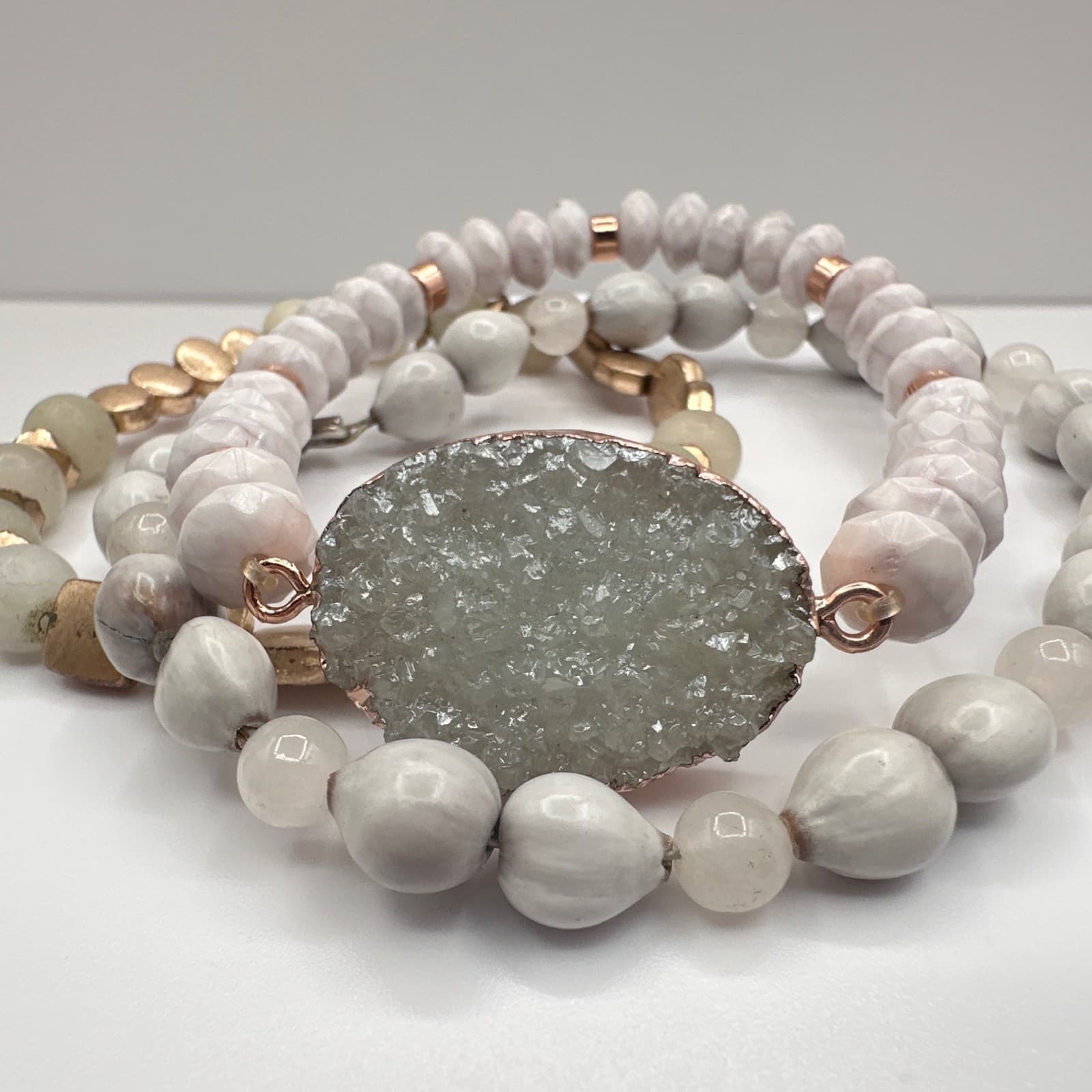 Vintage 90s Boho Multi-Strand Bracelet Set Druzy Quartz Beaded Jewelry - Thumbnail 4