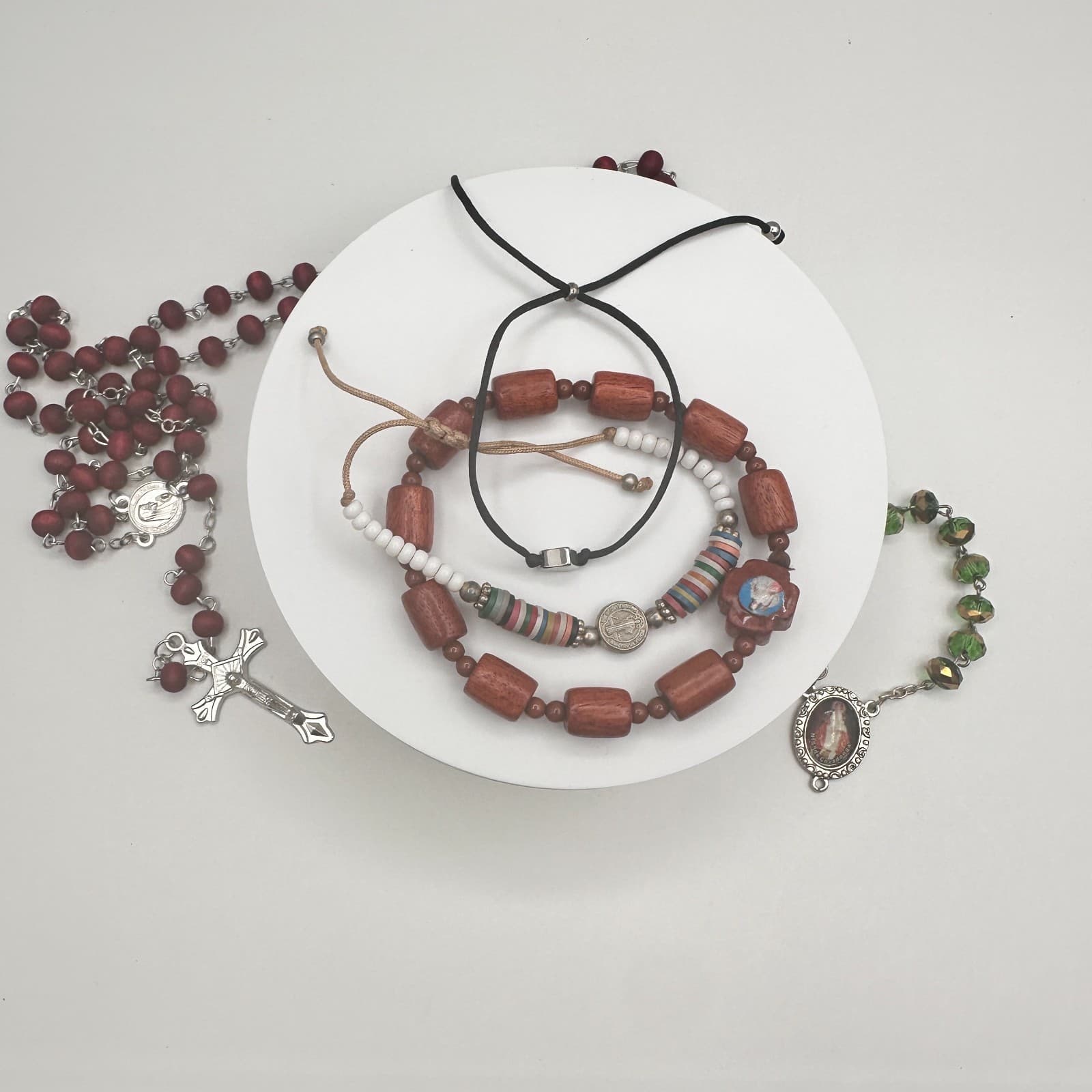 Vintage 90s Wooden Beaded Cross Necklace & Bracelets Set INRI Religious Jewelry - Image 1