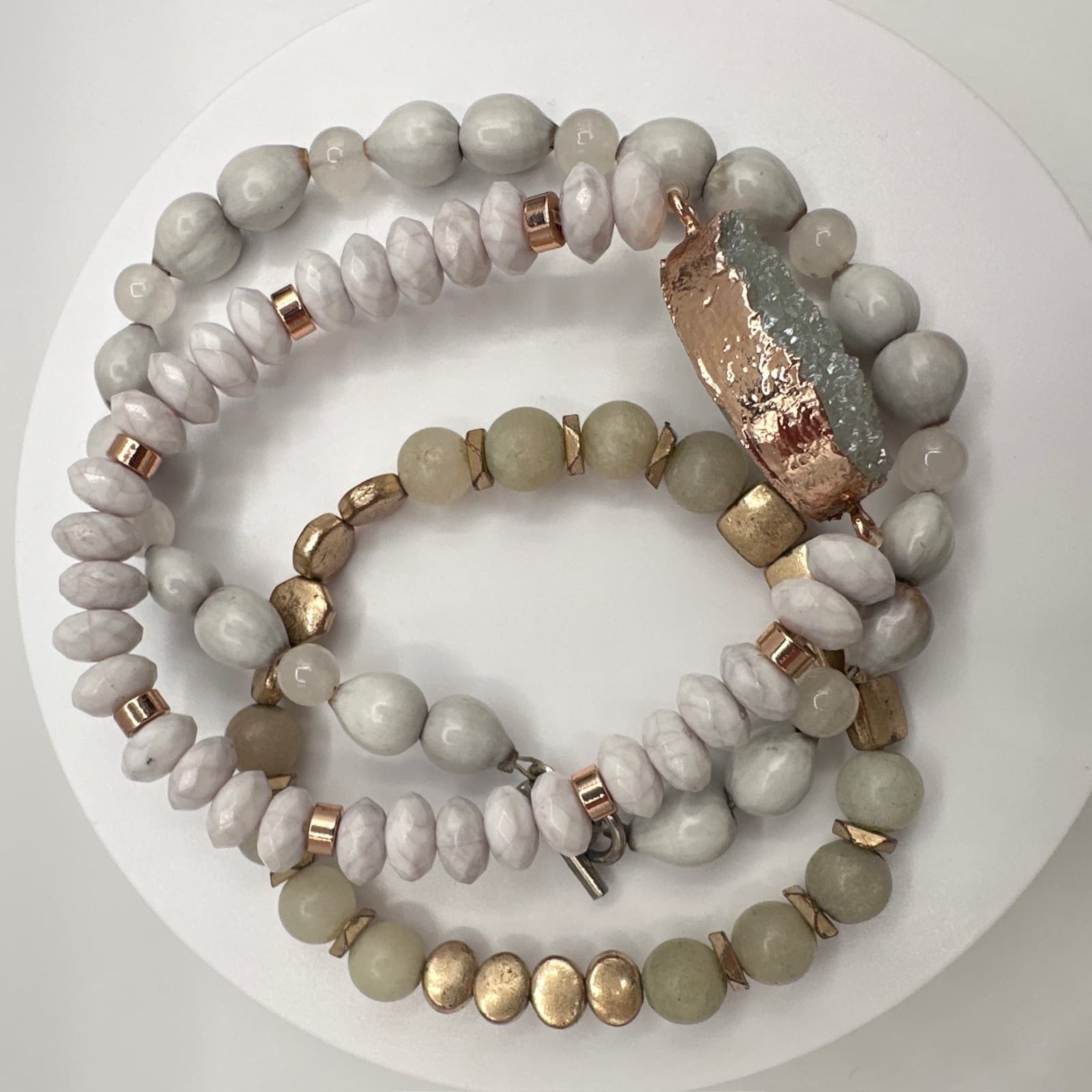 Vintage 90s Boho Multi-Strand Bracelet Set Druzy Quartz Beaded Jewelry - Thumbnail 10