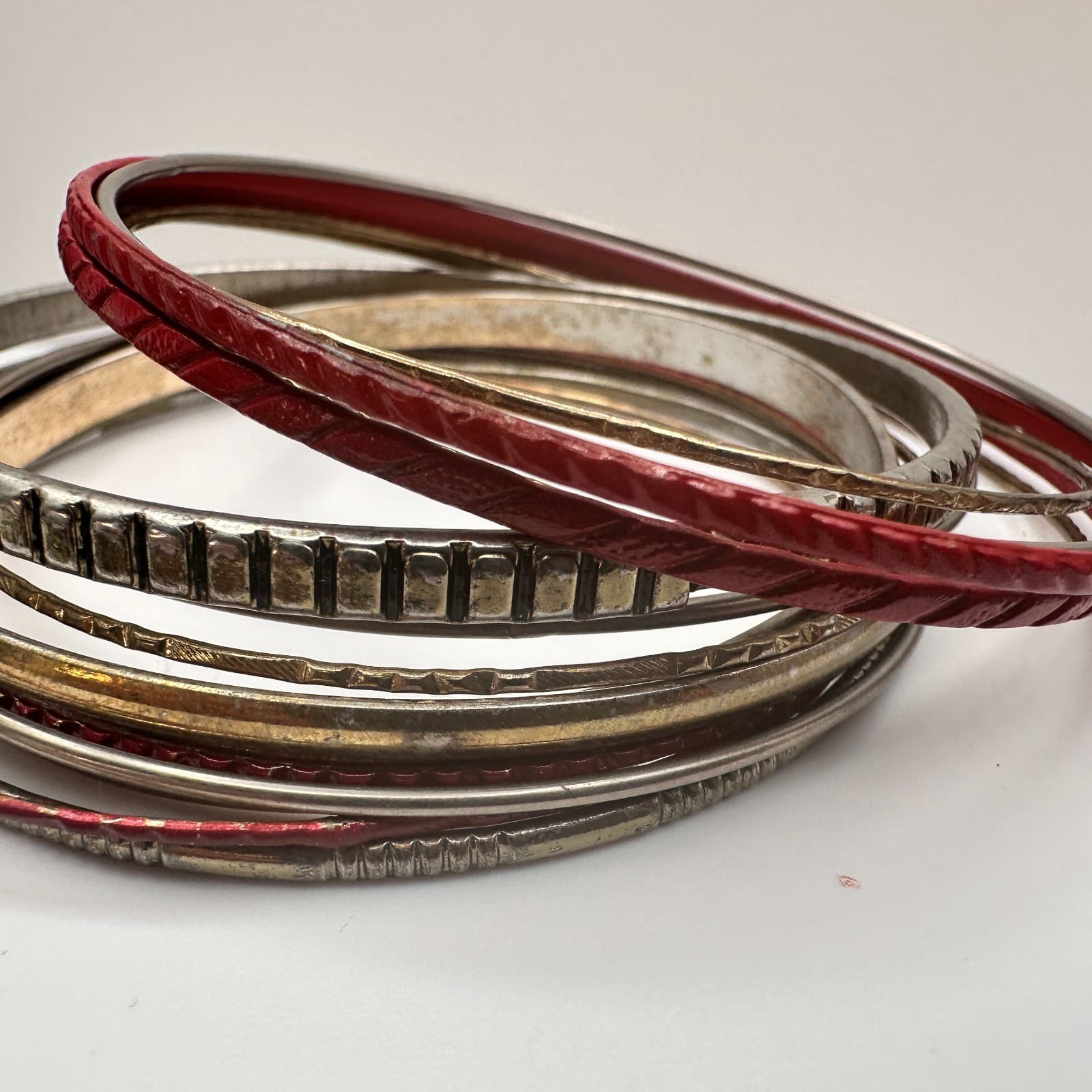 Vintage 90s Mixed Metal Stackable Textured Bangle Set Boho Women's Jewelry - Thumbnail 4