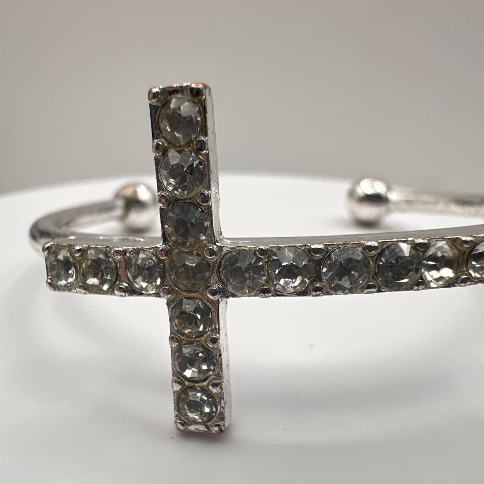 Vintage 90s Silver Tone Rhinestone Cross Cuff Bracelet Religious Fashion Jewelry - Thumbnail 4