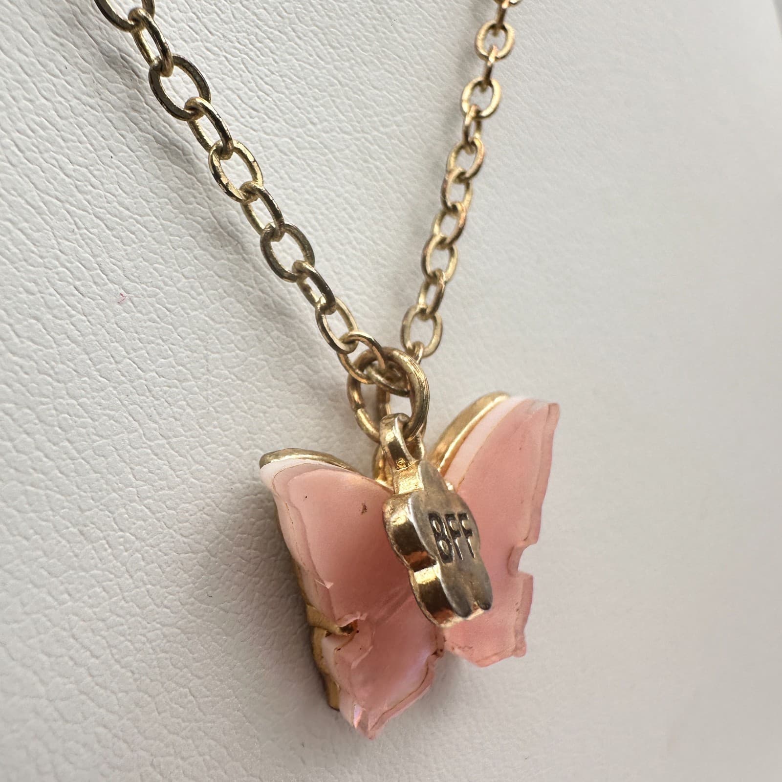 Vintage Y2K Pink Butterfly BFF Necklace Gold Tone Charm Women's Classic Jewelry - Thumbnail 4