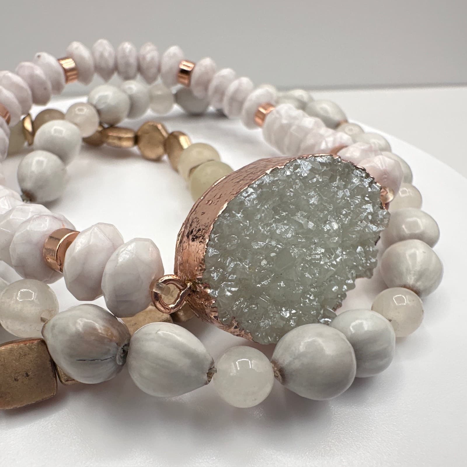 Vintage 90s Boho Multi-Strand Bracelet Set Druzy Quartz Beaded Jewelry - Thumbnail 9