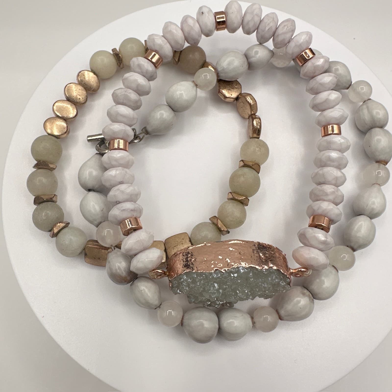 Vintage 90s Boho Multi-Strand Bracelet Set Druzy Quartz Beaded Jewelry - Thumbnail 2