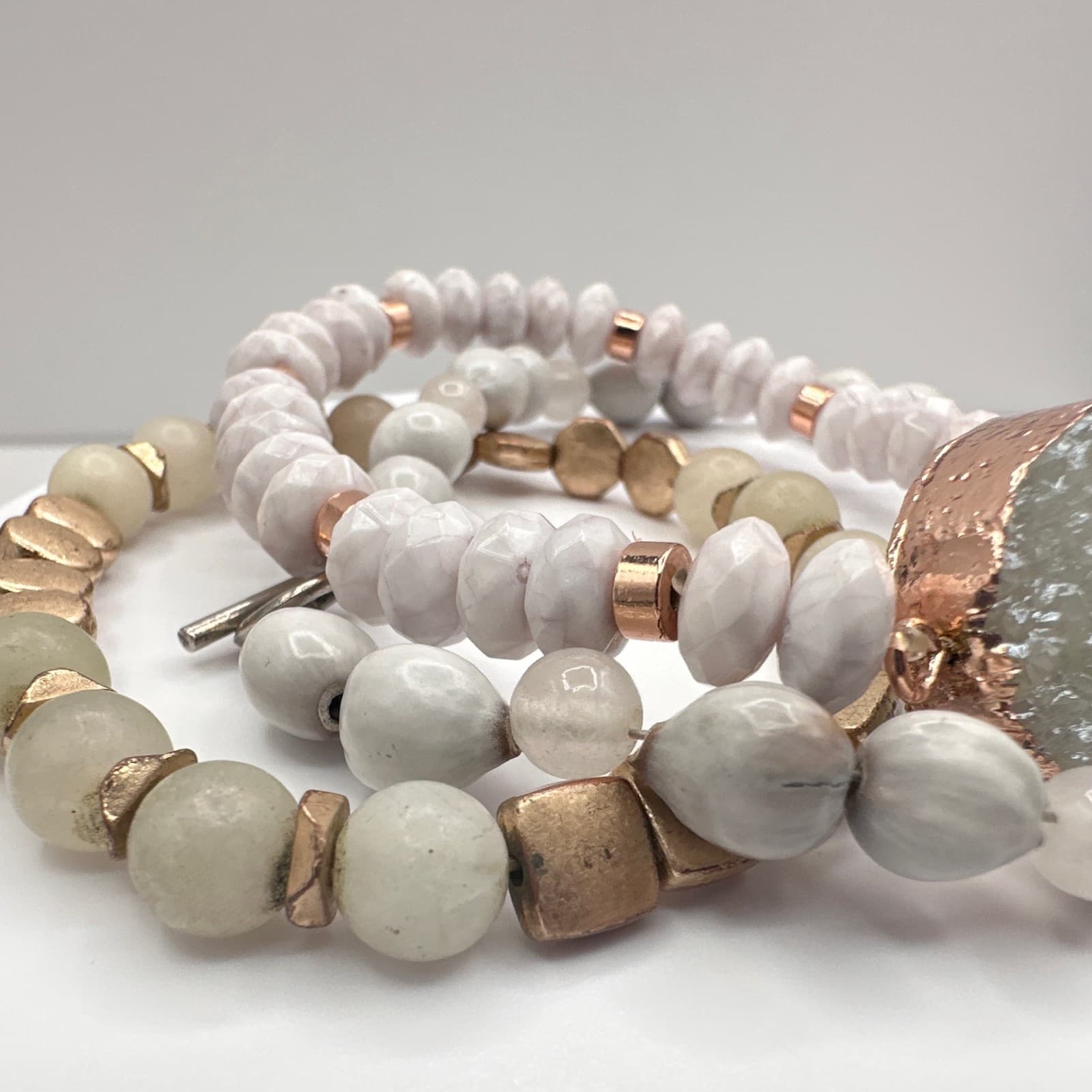 Vintage 90s Boho Multi-Strand Bracelet Set Druzy Quartz Beaded Jewelry - Thumbnail 7