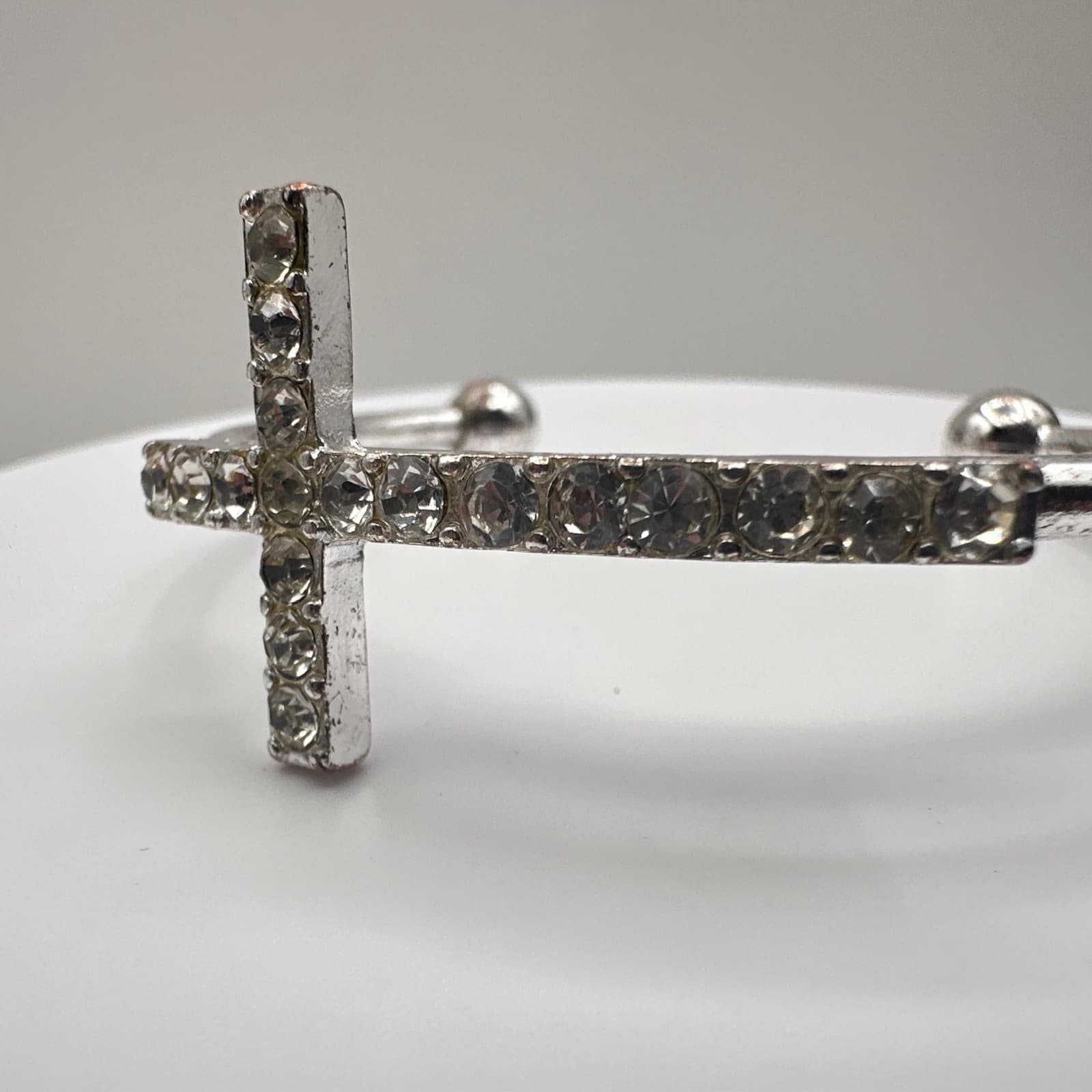 Vintage 90s Silver Tone Rhinestone Cross Cuff Bracelet Religious Fashion Jewelry - Thumbnail 5
