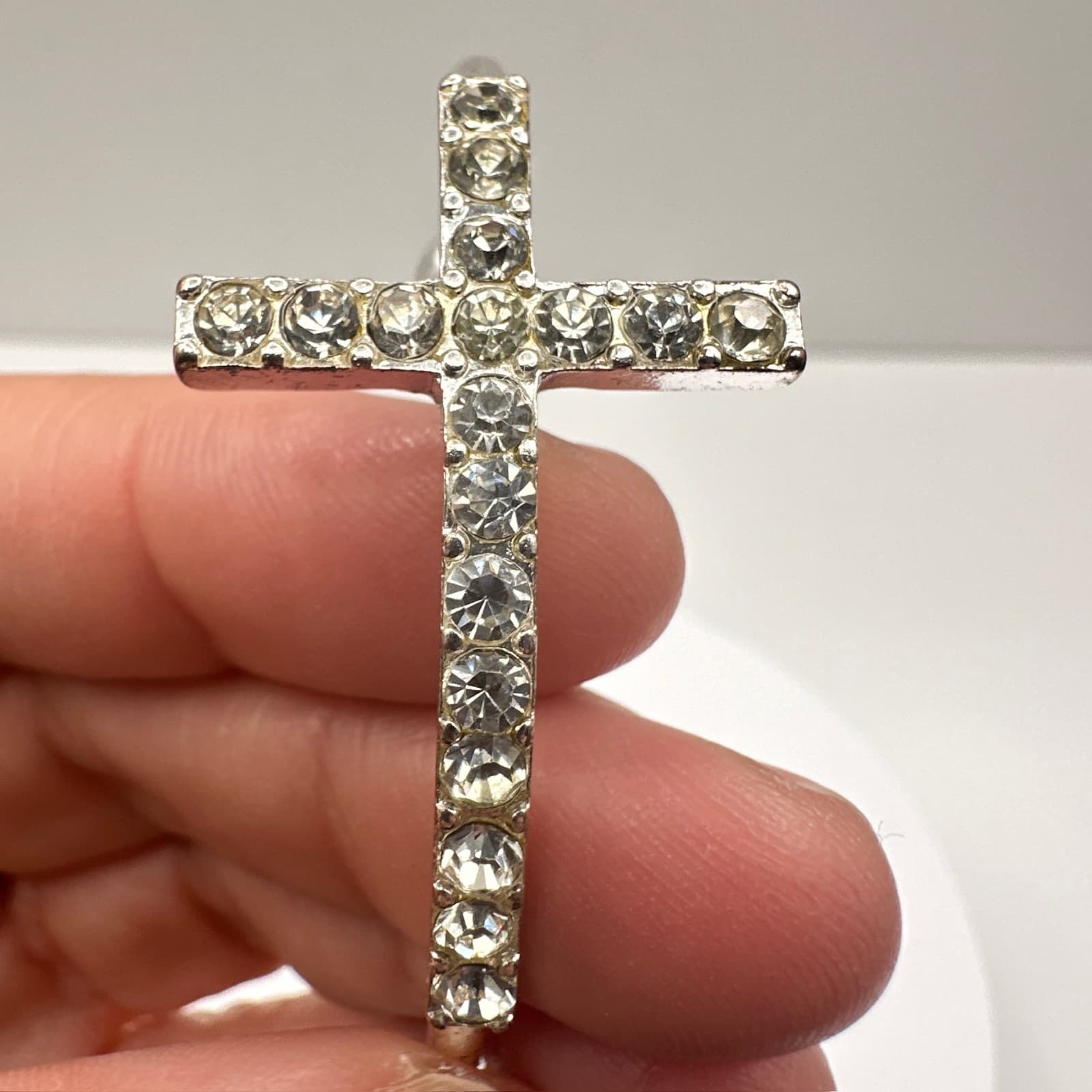 Vintage 90s Silver Tone Rhinestone Cross Cuff Bracelet Religious Fashion Jewelry - Thumbnail 12