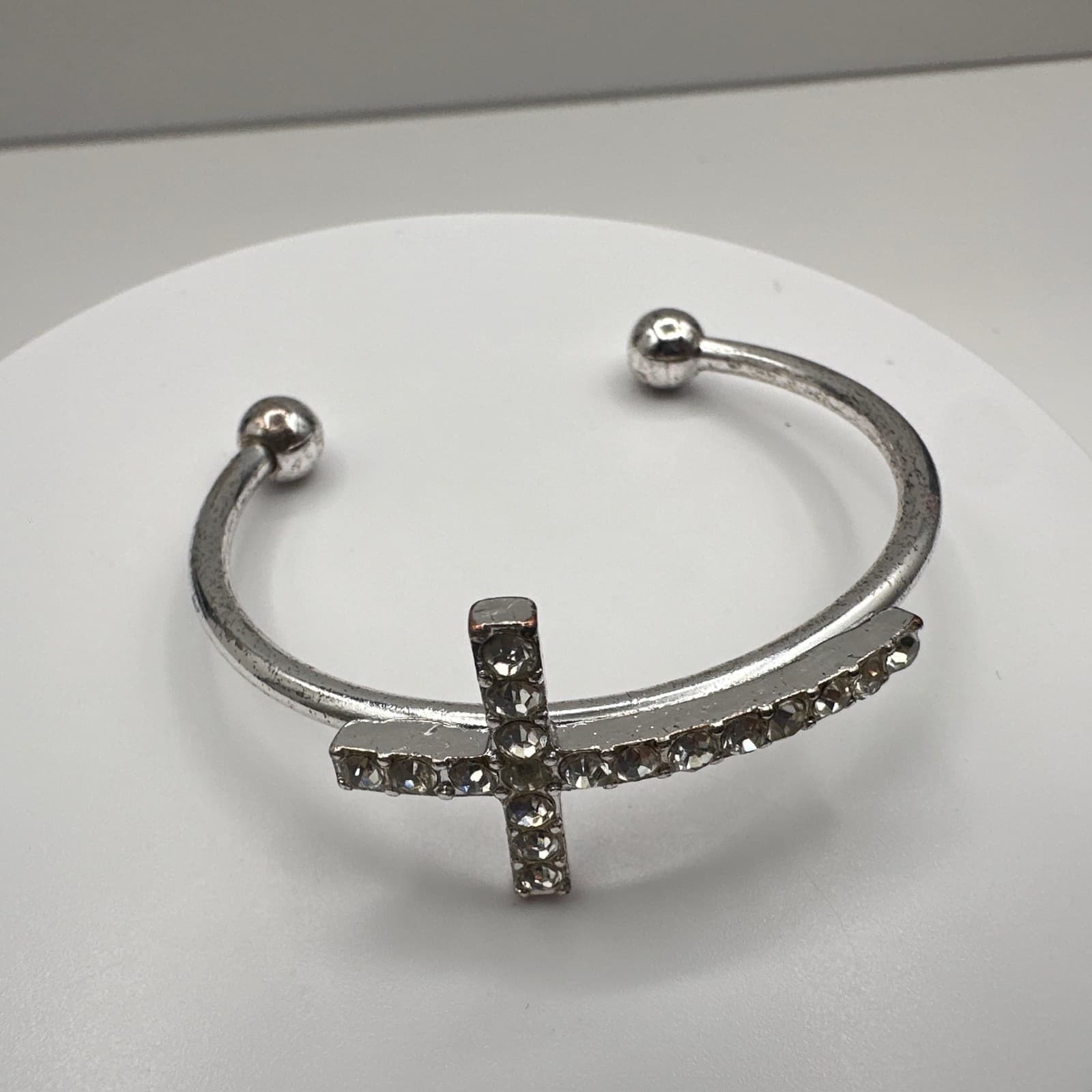 Vintage 90s Silver Tone Rhinestone Cross Cuff Bracelet Religious Fashion Jewelry - Thumbnail 3