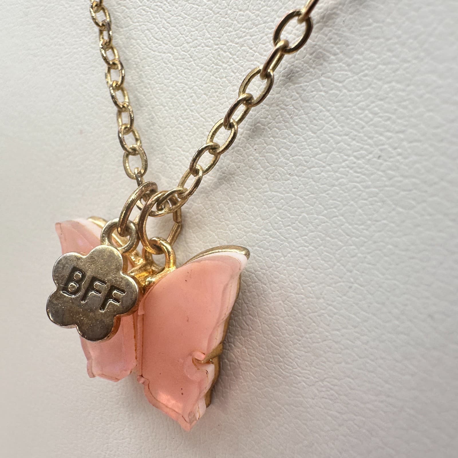 Vintage Y2K Pink Butterfly BFF Necklace Gold Tone Charm Women's Classic Jewelry - Thumbnail 5