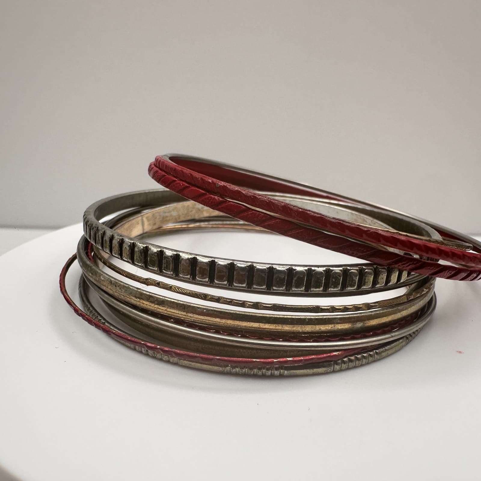 Vintage 90s Mixed Metal Stackable Textured Bangle Set Boho Women's Jewelry - Image 1
