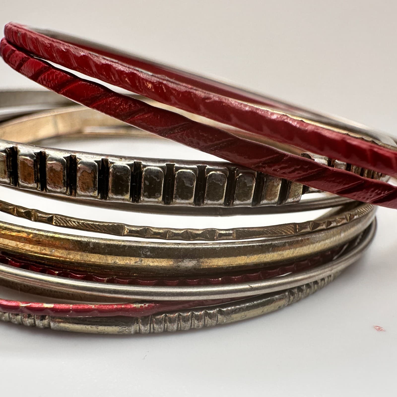 Vintage 90s Mixed Metal Stackable Textured Bangle Set Boho Women's Jewelry - Thumbnail 5