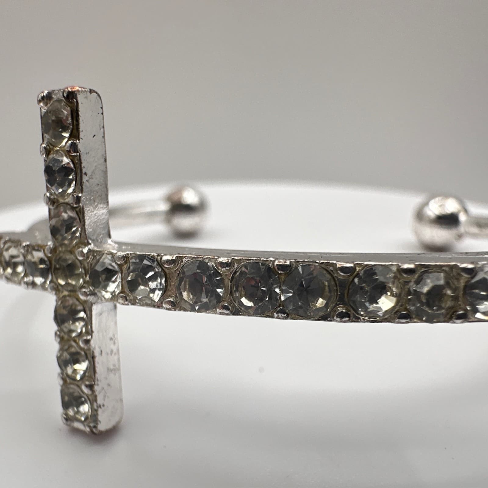 Vintage 90s Silver Tone Rhinestone Cross Cuff Bracelet Religious Fashion Jewelry - Thumbnail 6