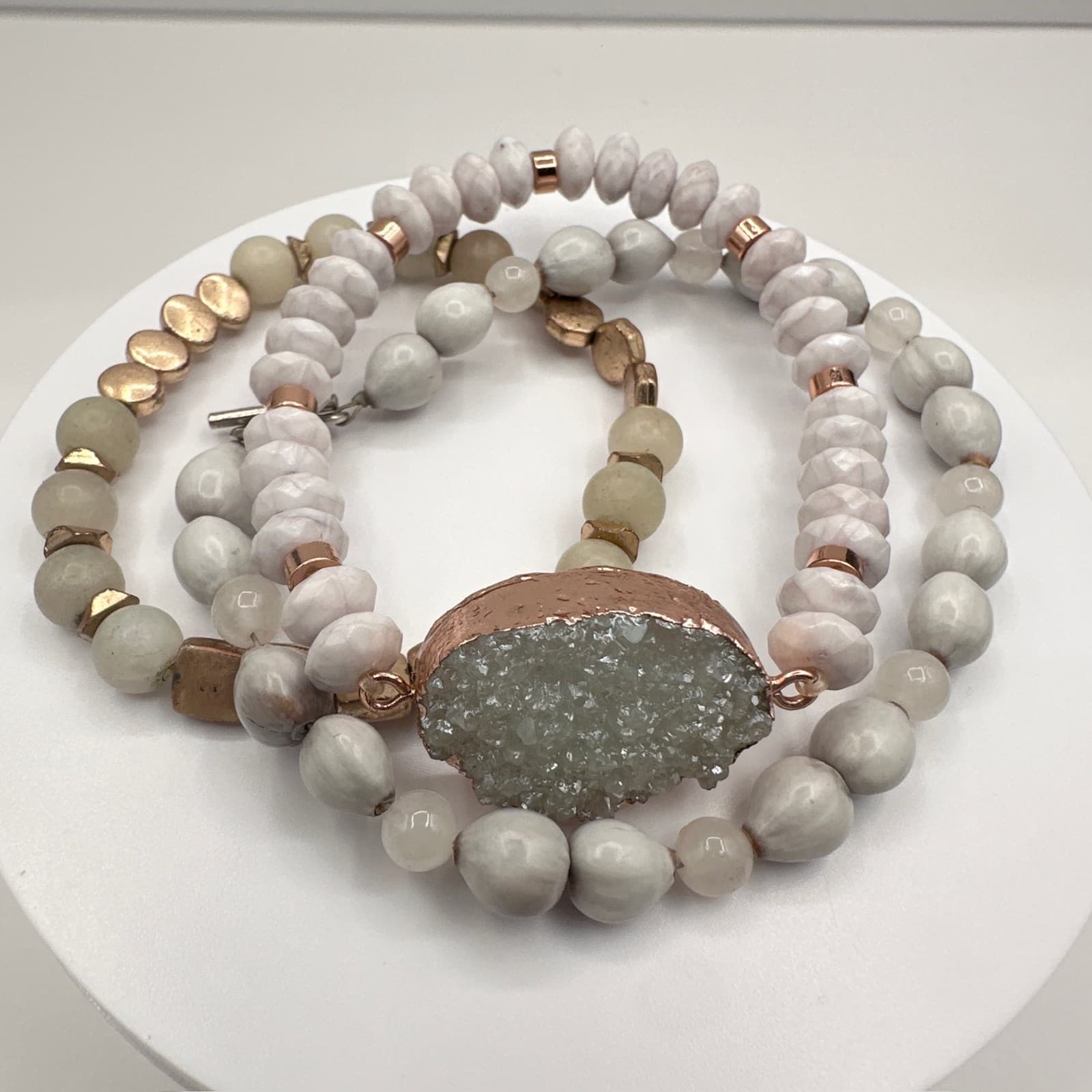 Vintage 90s Boho Multi-Strand Bracelet Set Druzy Quartz Beaded Jewelry - Image 1