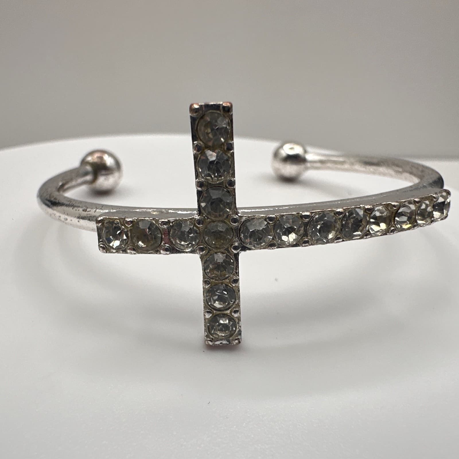 Vintage 90s Silver Tone Rhinestone Cross Cuff Bracelet Religious Fashion Jewelry - Thumbnail 2