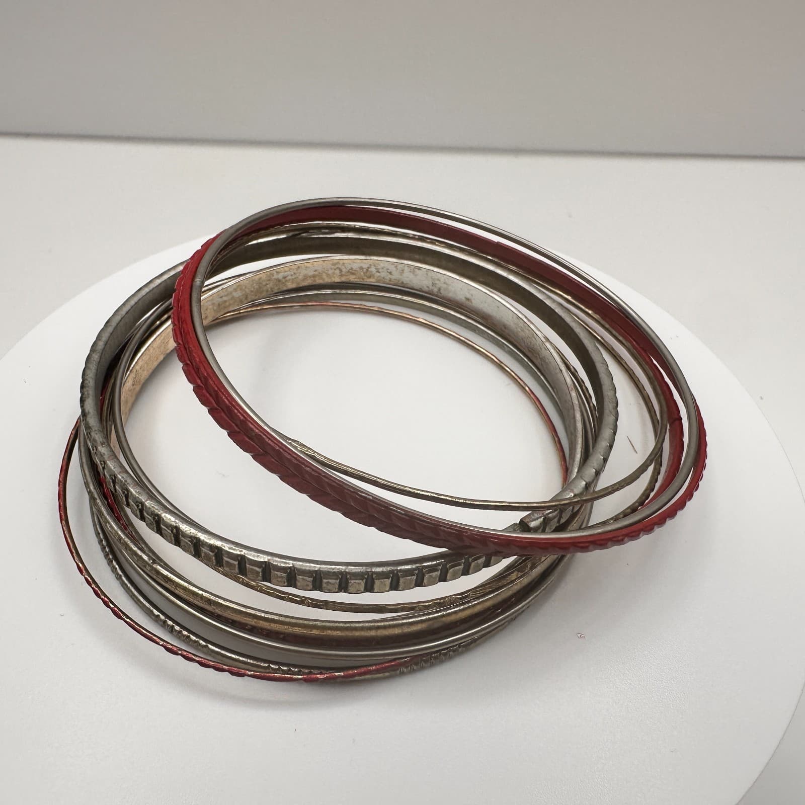 Vintage 90s Mixed Metal Stackable Textured Bangle Set Boho Women's Jewelry - Thumbnail 3