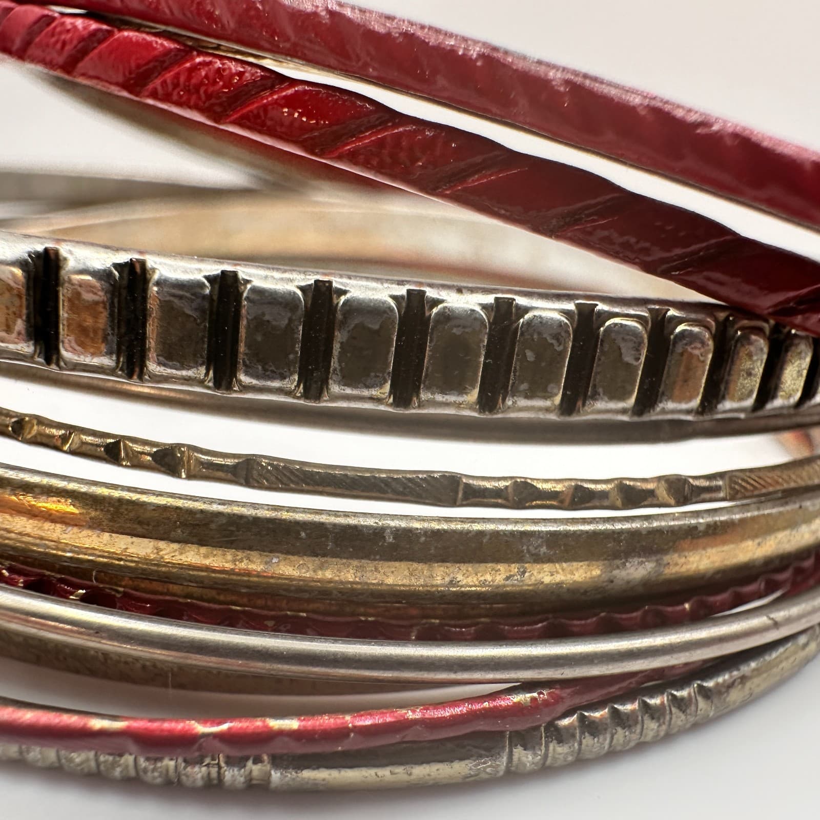 Vintage 90s Mixed Metal Stackable Textured Bangle Set Boho Women's Jewelry - Thumbnail 6