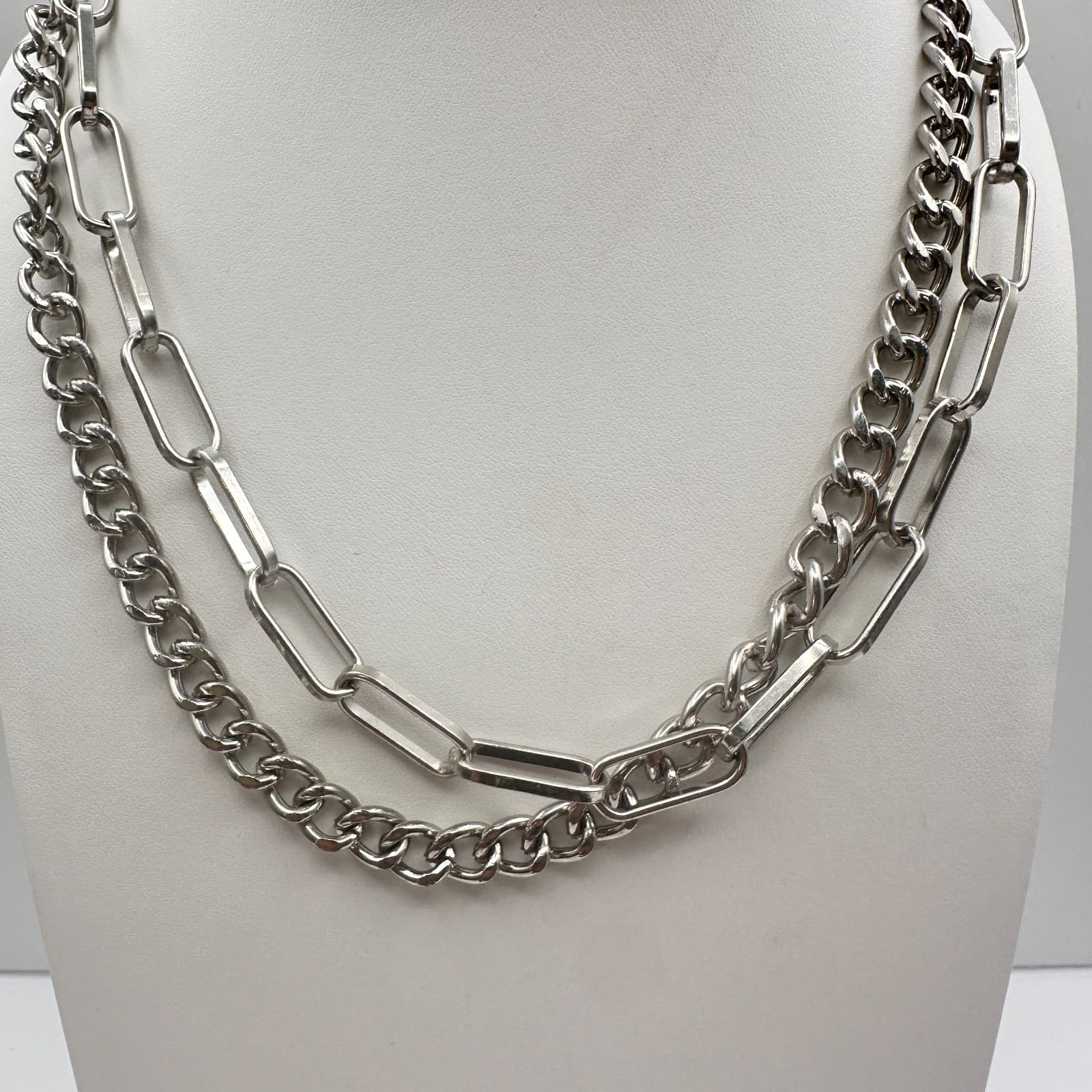 Vintage 80s 90s Y2K Double Layer Silver Tone Chunky Chain Necklace Boho - Thumbnail 4