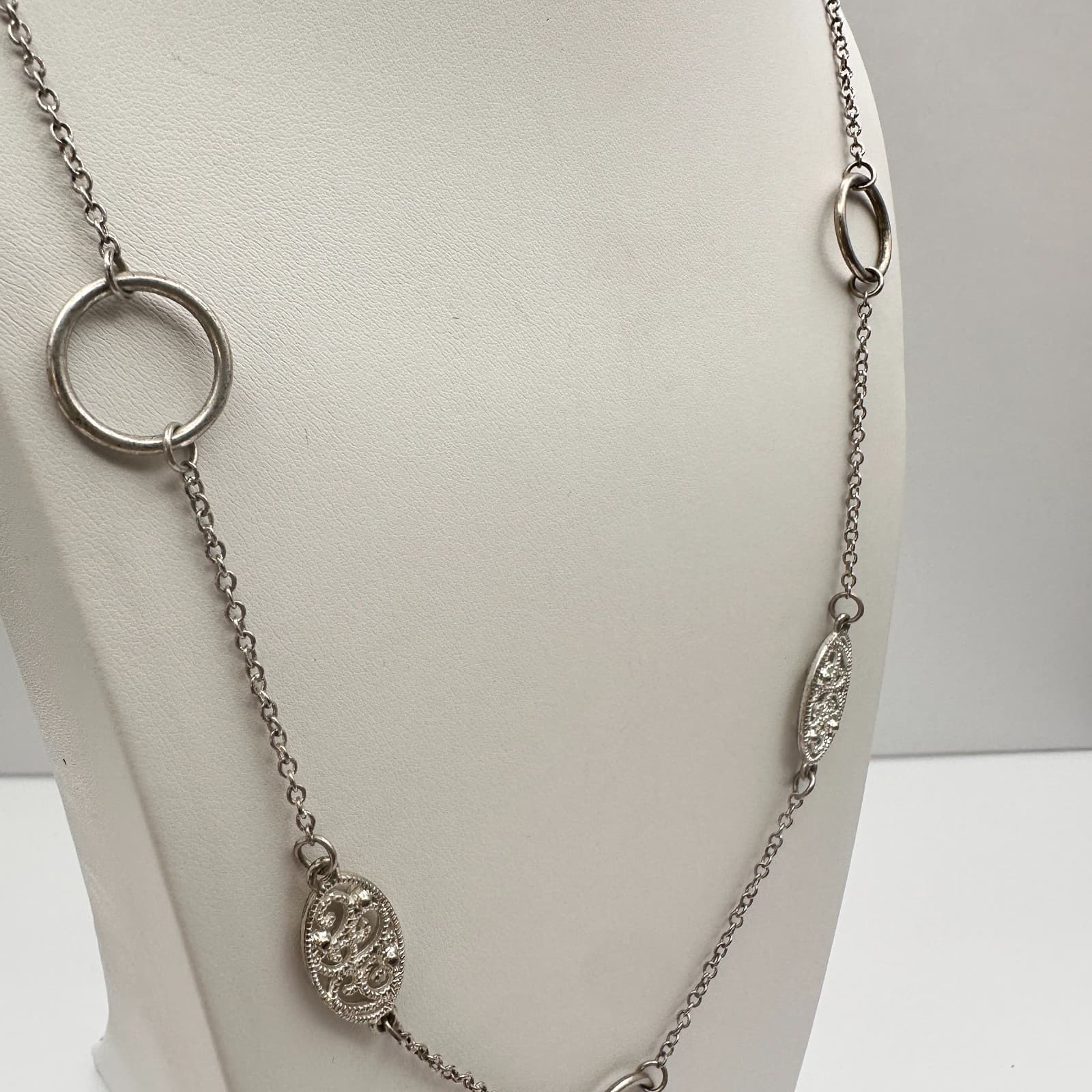 Vintage 90s Silver Tone Filigree Station Necklace Oval Chain Boho Jewelry - Thumbnail 9