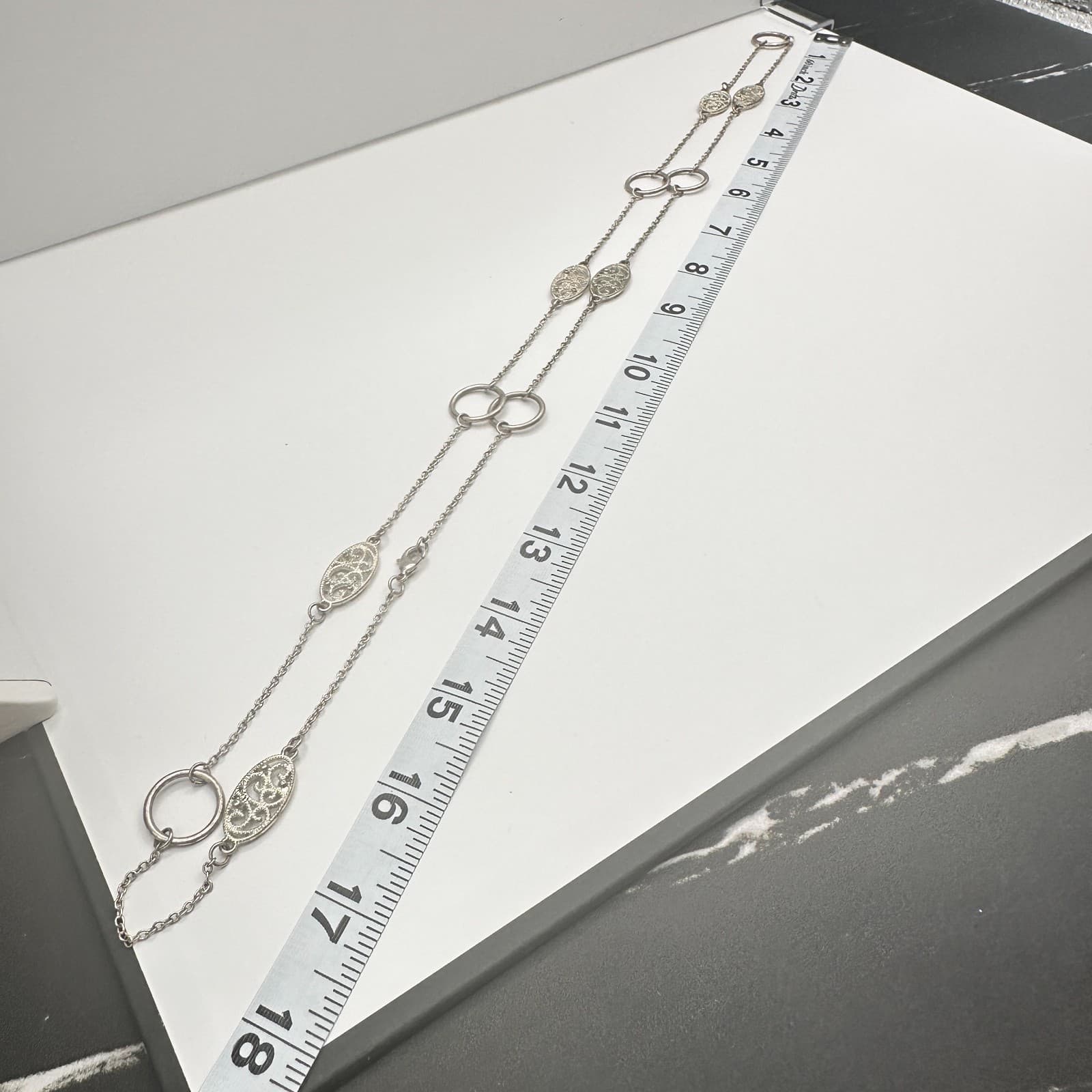 Vintage 90s Silver Tone Filigree Station Necklace Oval Chain Boho Jewelry - Thumbnail 11