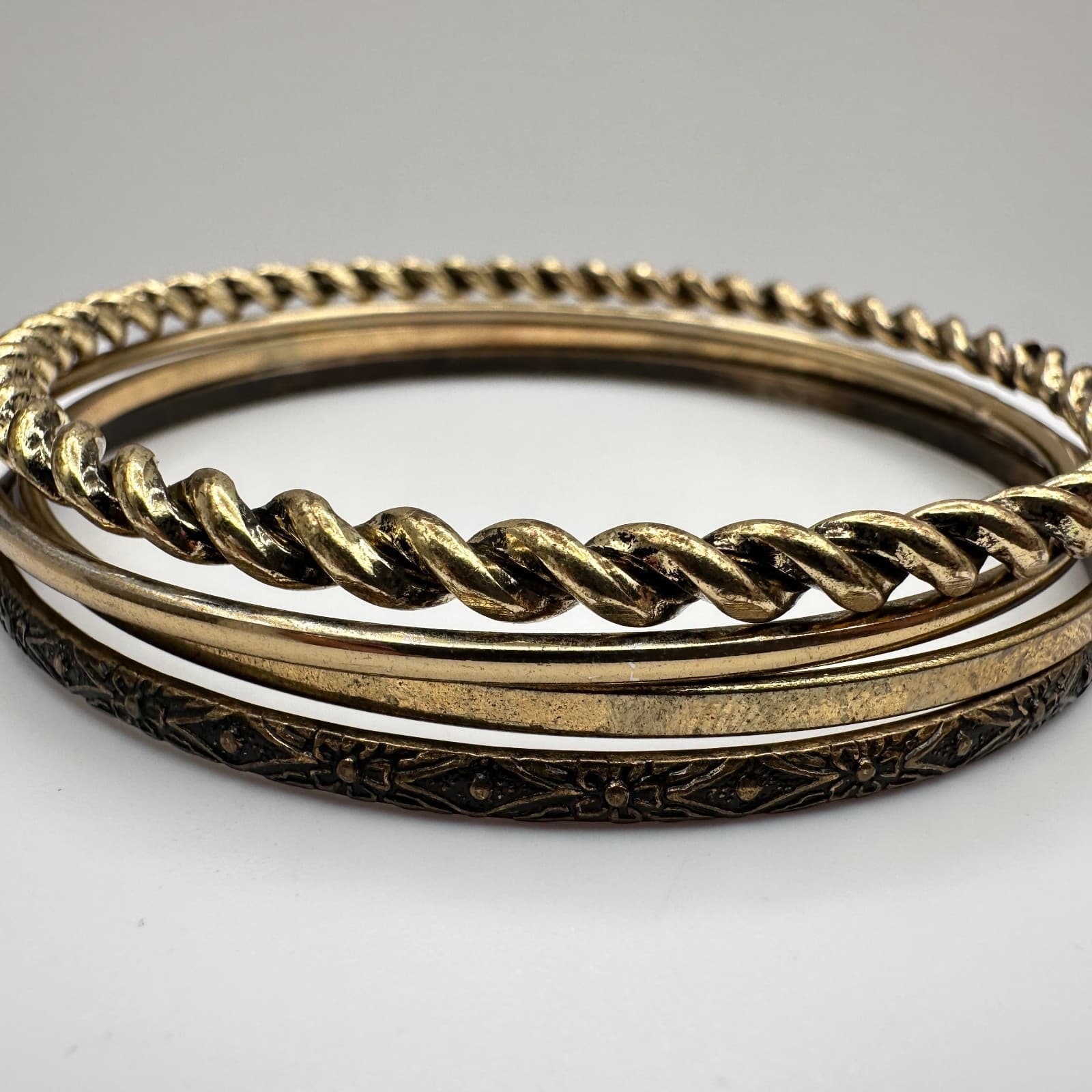 Vintage Y2K Bracelet Set Gold Tone Twisted Etched Stackable Boho Women's Jewelry - Image 1