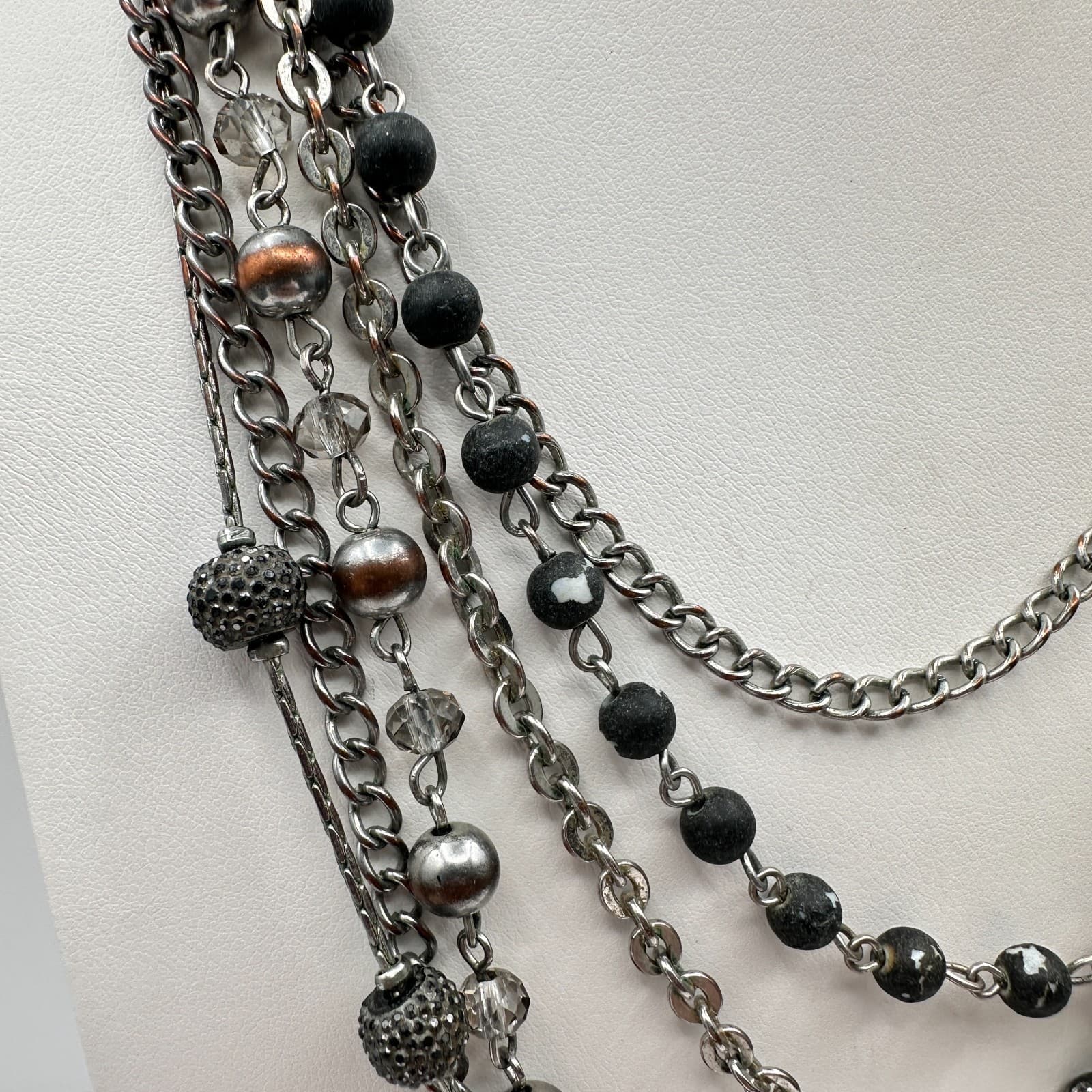 Vintage 90s NY Multi Strand Necklace Silver Tone Beaded Women's Classic Jewelry - Thumbnail 2