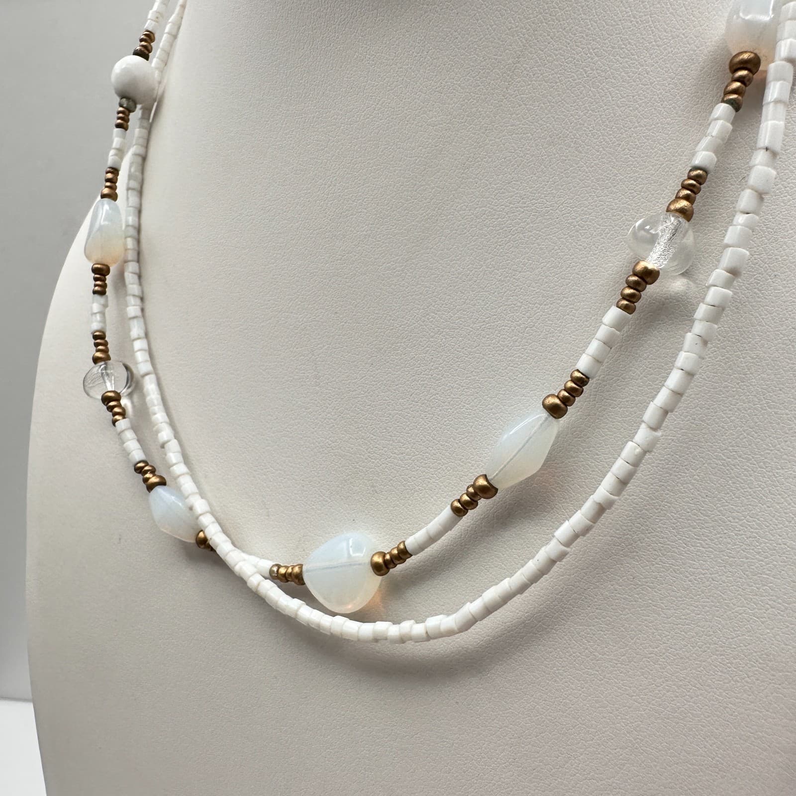 Vintage 90s Cookie Lee Double Strand Beaded Gold Tone Necklace Boho Jewelry - Thumbnail 3