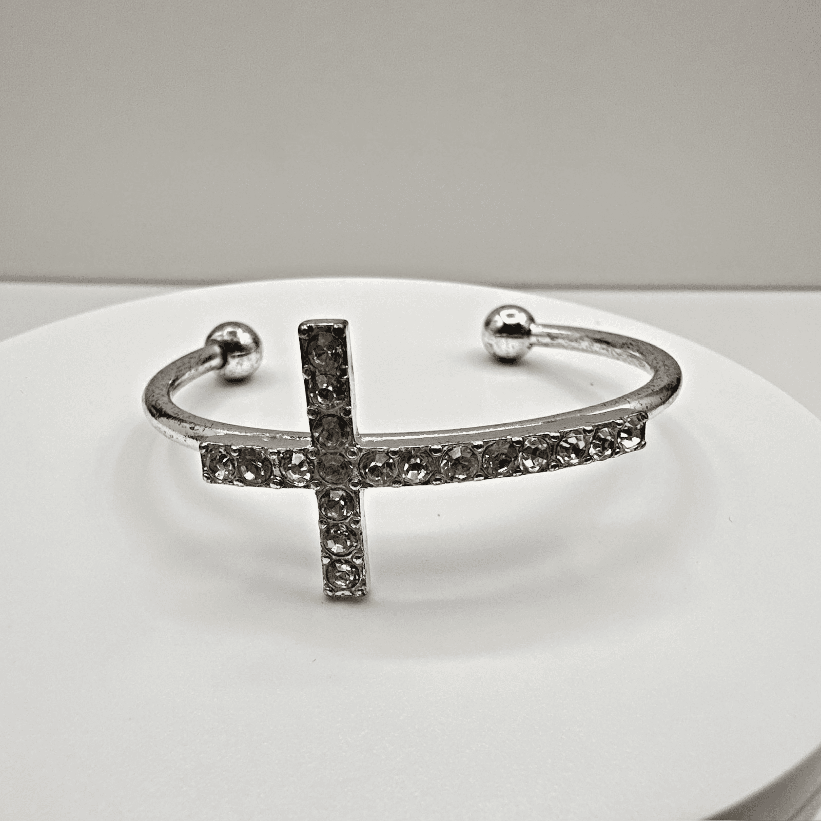 Vintage 90s Silver Tone Rhinestone Cross Cuff Bracelet Religious Fashion Jewelry - Image 1