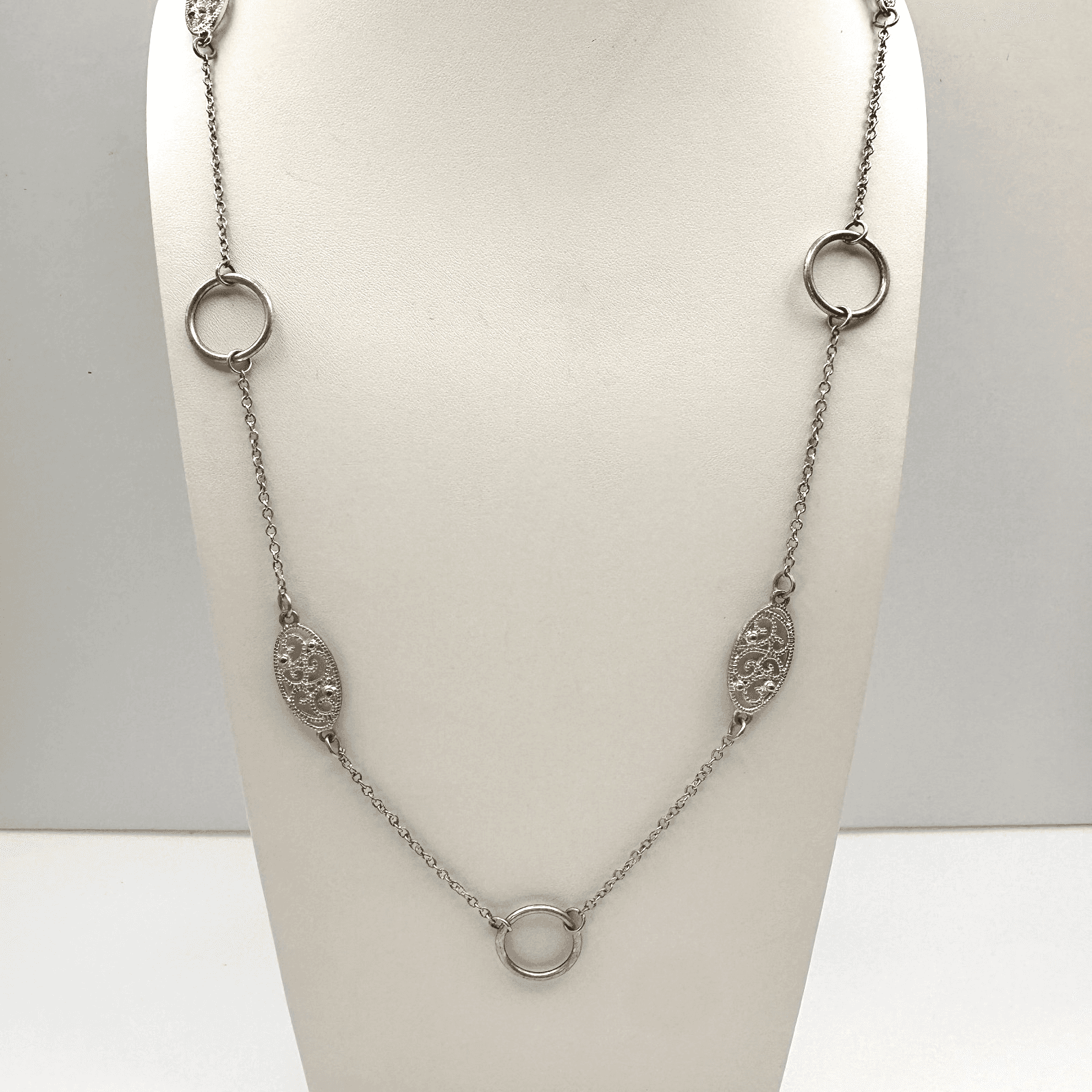 Vintage 90s Silver Tone Filigree Station Necklace Oval Chain Boho Jewelry - Image 1