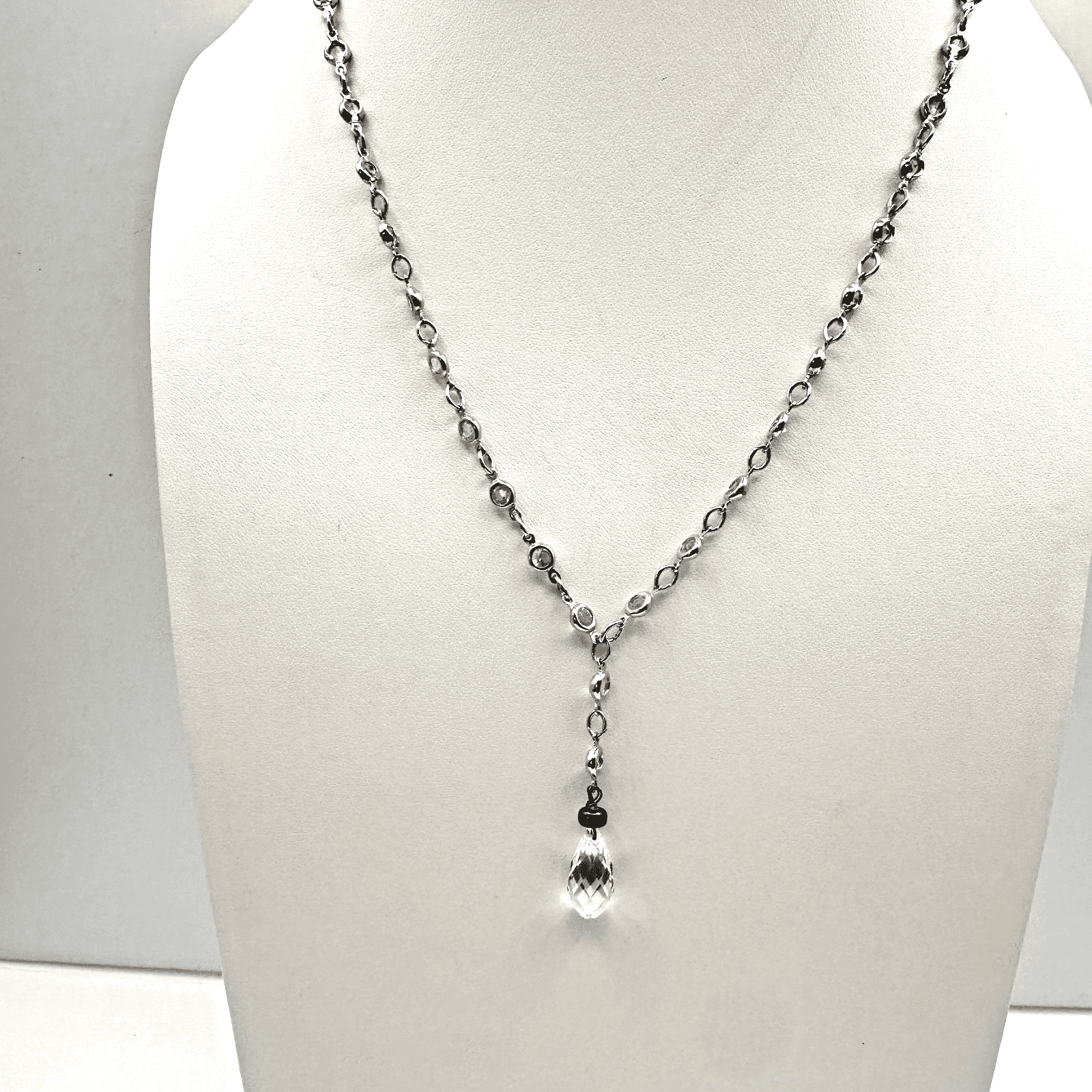 Vintage 90s Y2K Silver Tone Necklace Crystal Teardrop Lariat Y Dainty Elegant - Thumbnail 2