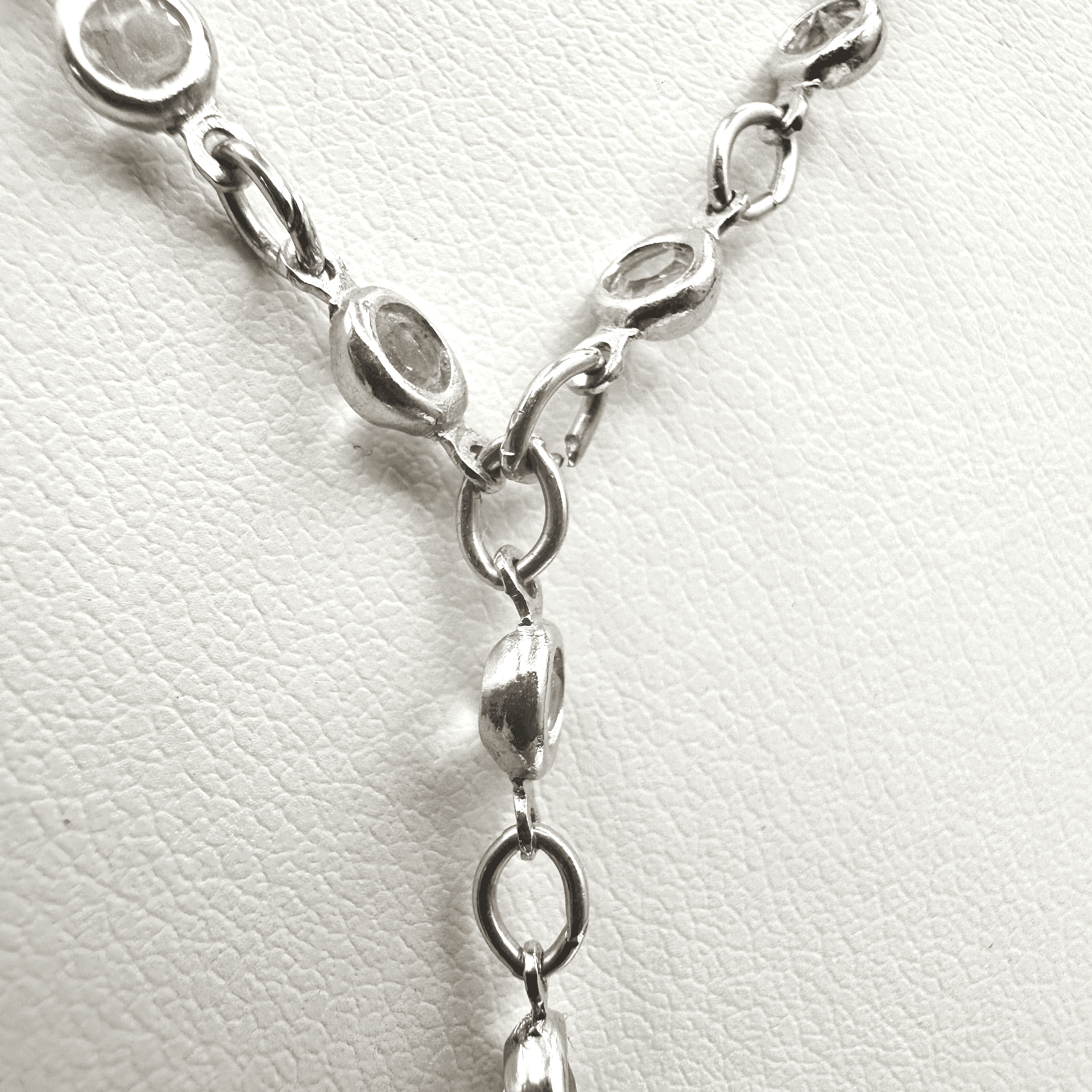 Vintage 90s Y2K Silver Tone Necklace Crystal Teardrop Lariat Y Dainty Elegant - Thumbnail 6