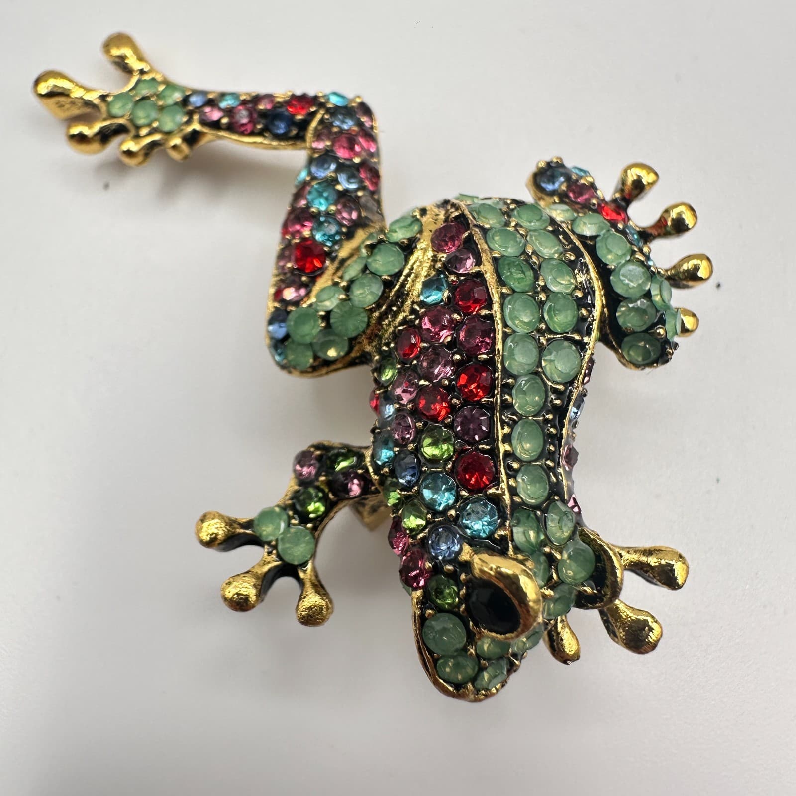 Vintage 90s Rhinestone Frog Brooch Pin Gold Tone Statement Women's Jewelry - Thumbnail 8