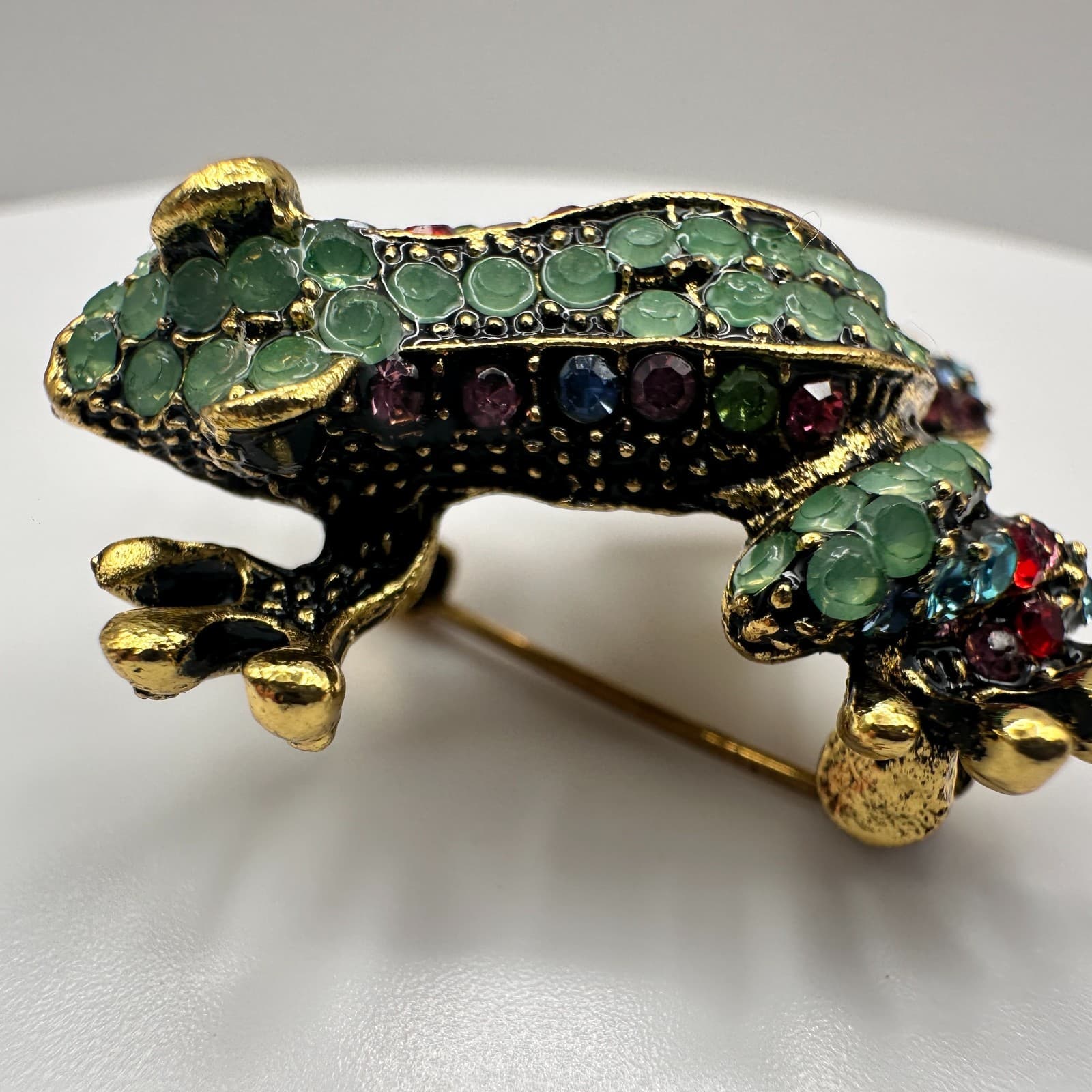 Vintage 90s Rhinestone Frog Brooch Pin Gold Tone Statement Women's Jewelry - Thumbnail 10