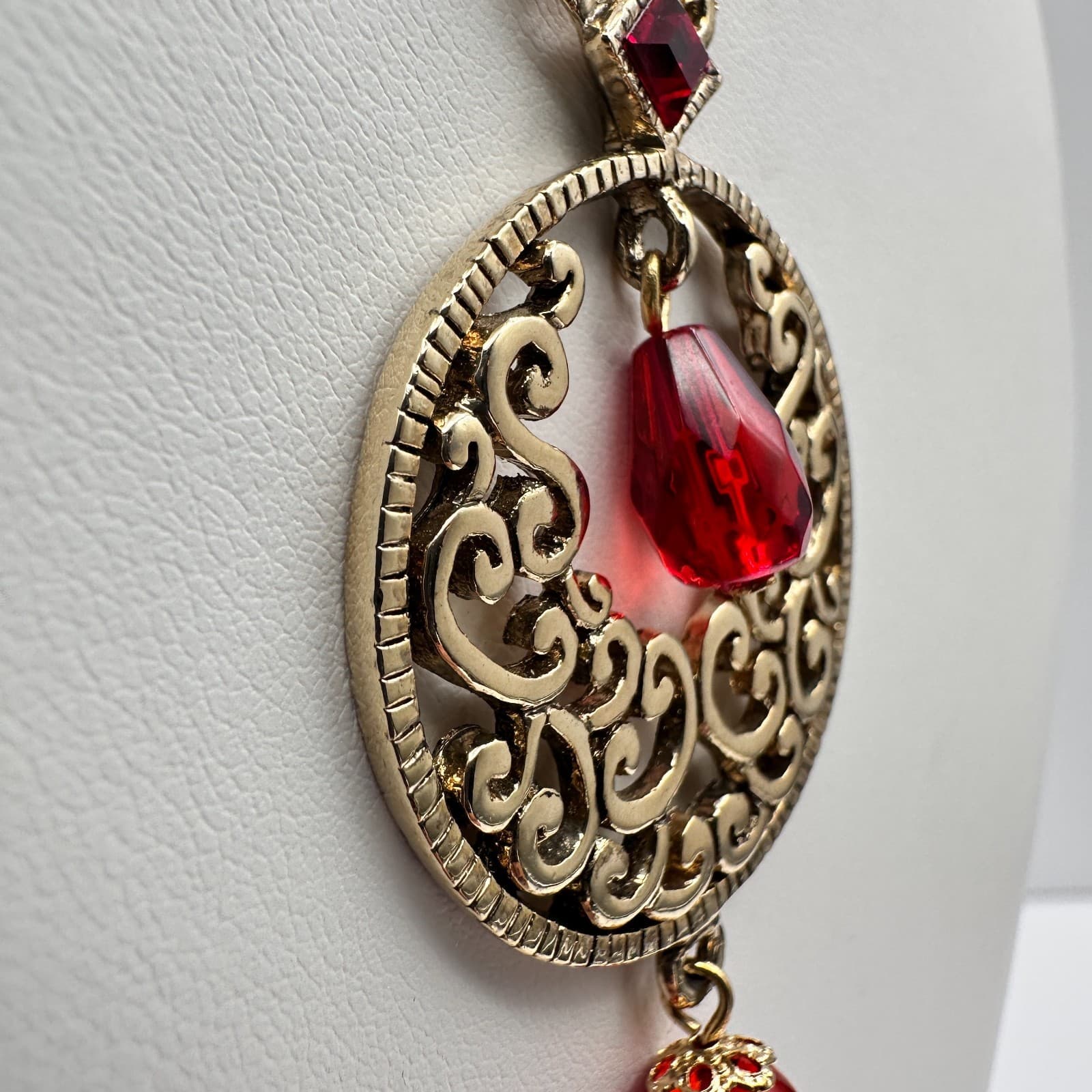 Vintage Y2K Cookie Lee Red Stone Necklace Gold Tone Filigree Tassel Statement - Thumbnail 7