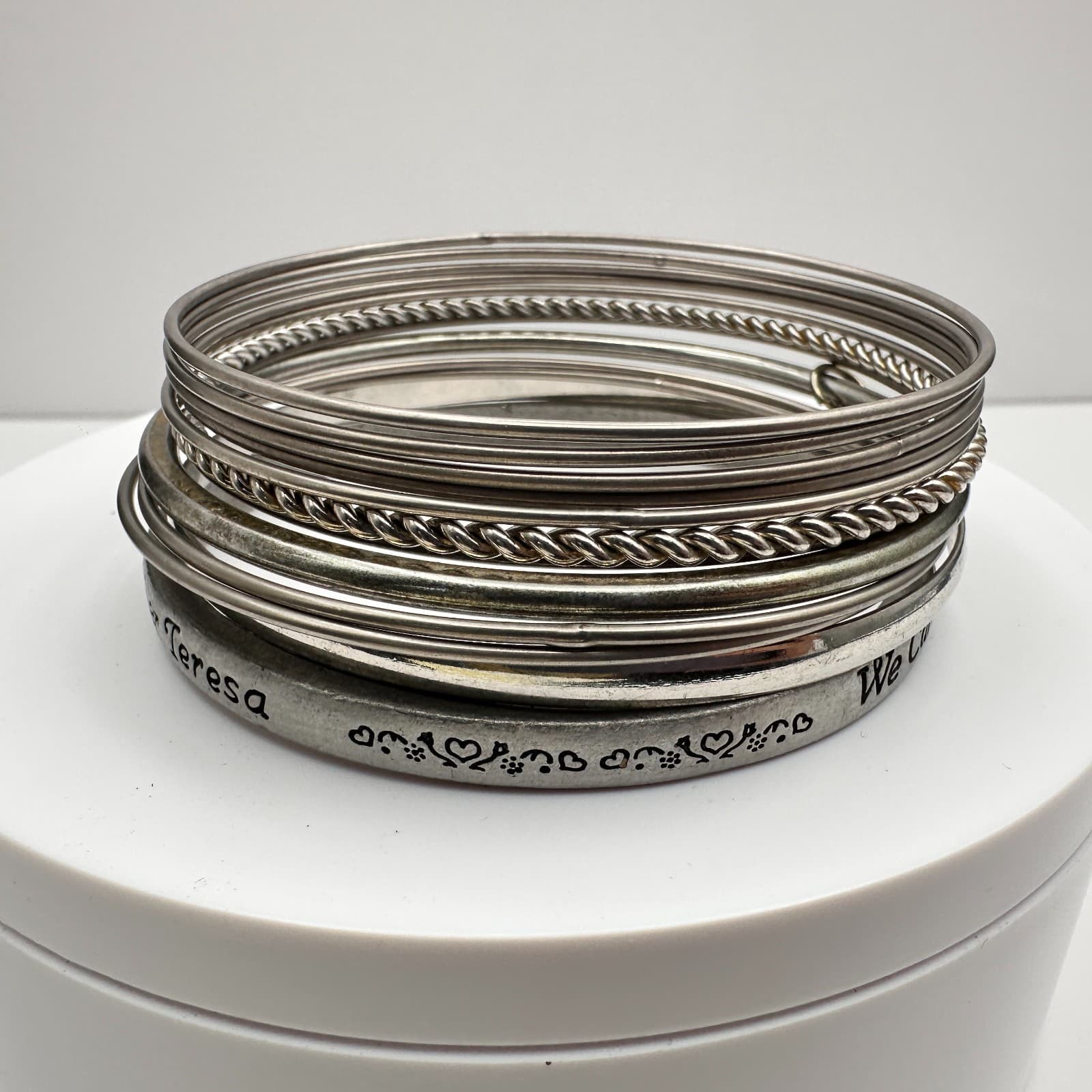Vintage 90s Mother Teresa Engraved Bracelet Set Silver Tone Women's Jewelry - Image 1