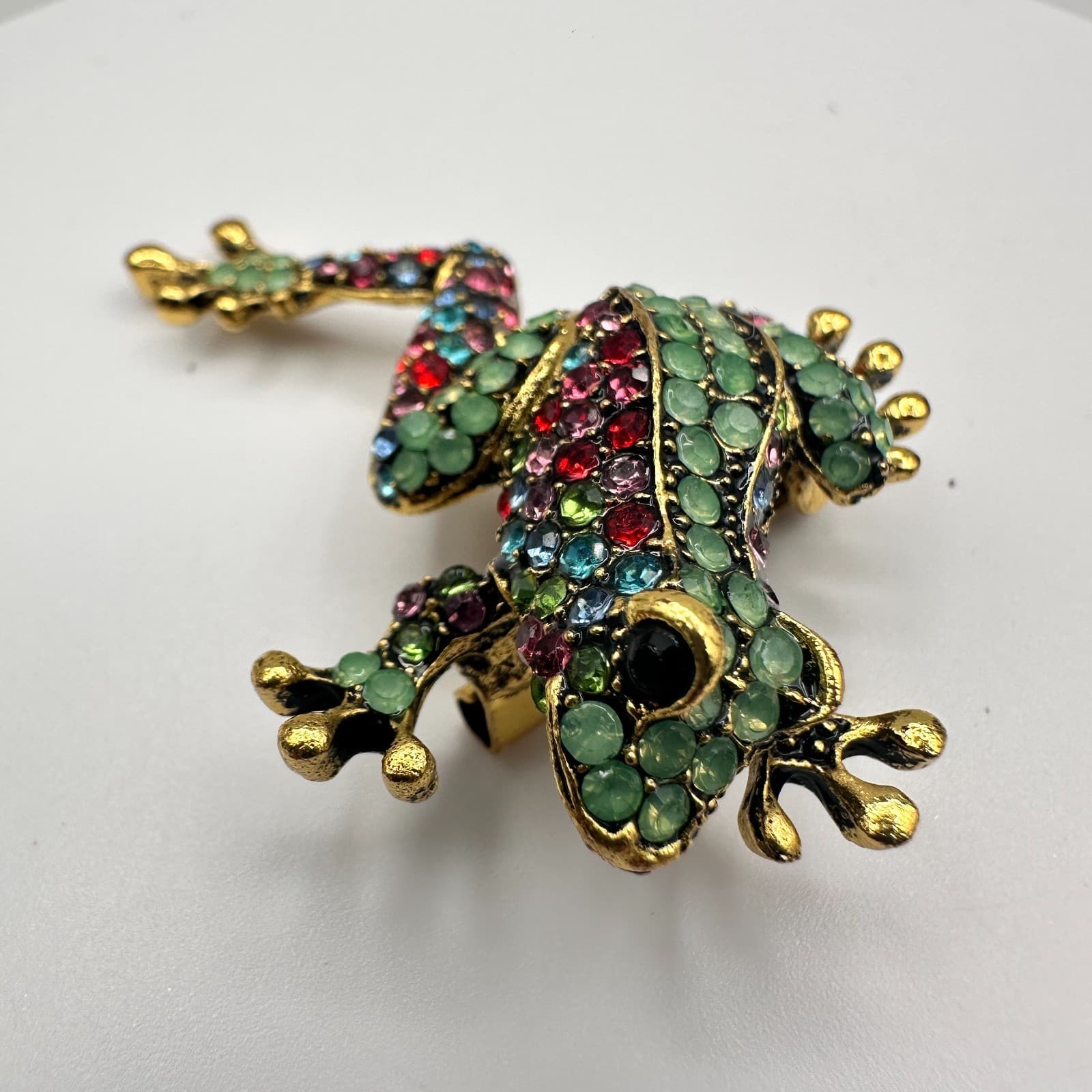 Vintage 90s Rhinestone Frog Brooch Pin Gold Tone Statement Women's Jewelry - Thumbnail 2