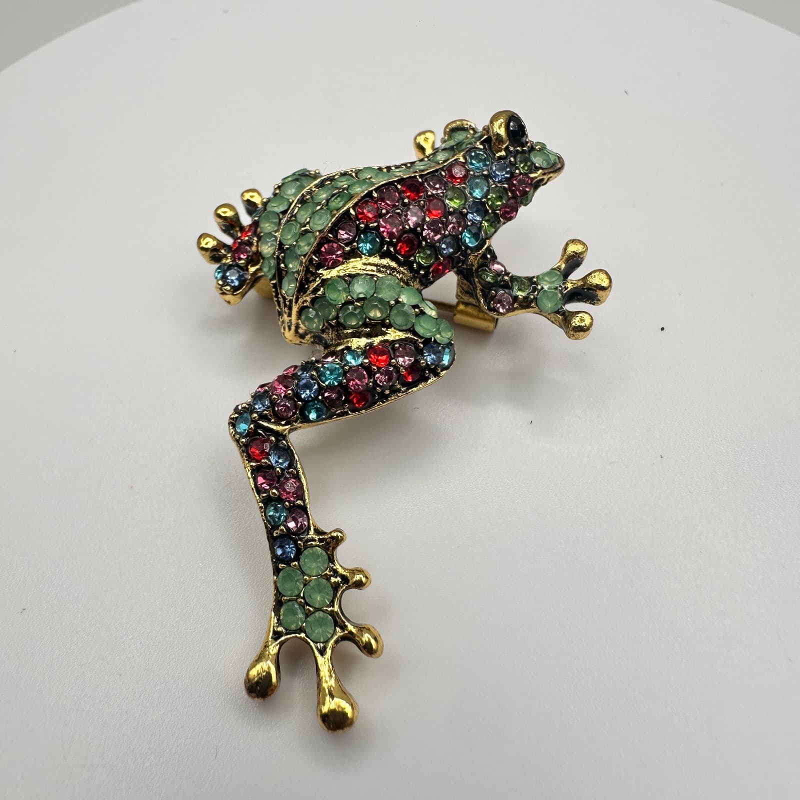 Vintage 90s Rhinestone Frog Brooch Pin Gold Tone Statement Women's Jewelry - Thumbnail 4