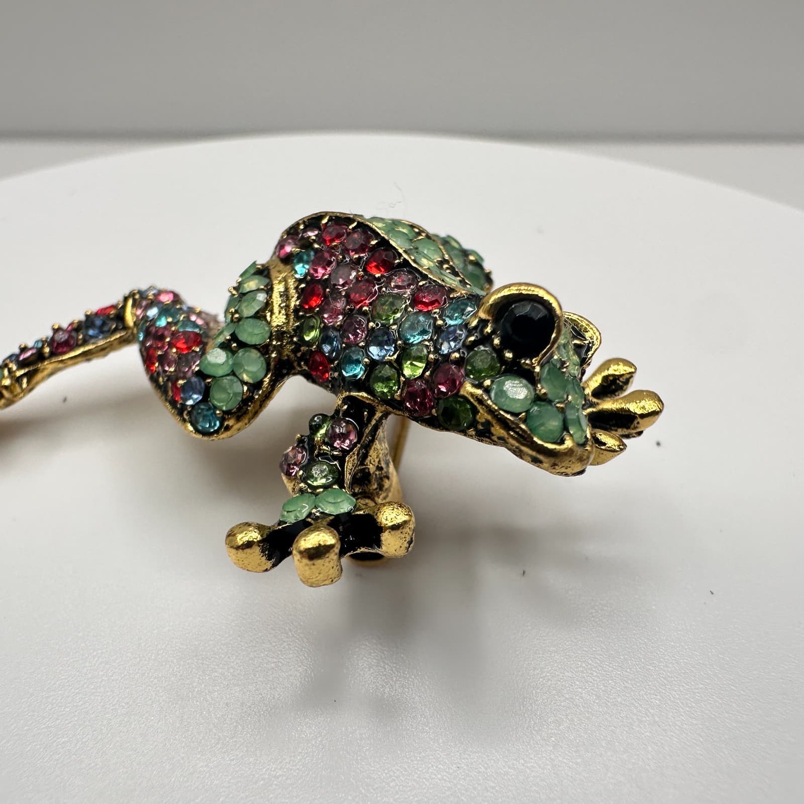 Vintage 90s Rhinestone Frog Brooch Pin Gold Tone Statement Women's Jewelry - Thumbnail 7