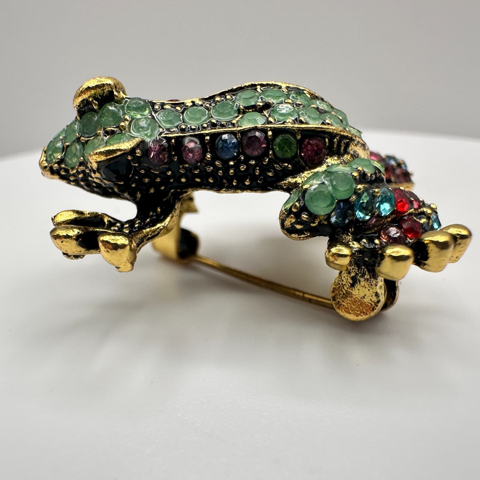 Vintage 90s Rhinestone Frog Brooch Pin Gold Tone Statement Women's Jewelry - Thumbnail 11