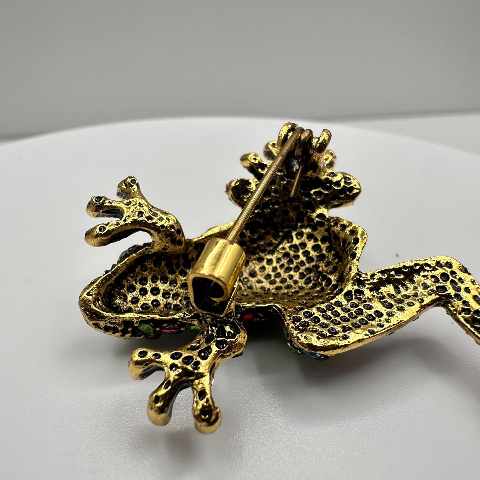 Vintage 90s Rhinestone Frog Brooch Pin Gold Tone Statement Women's Jewelry - Thumbnail 14
