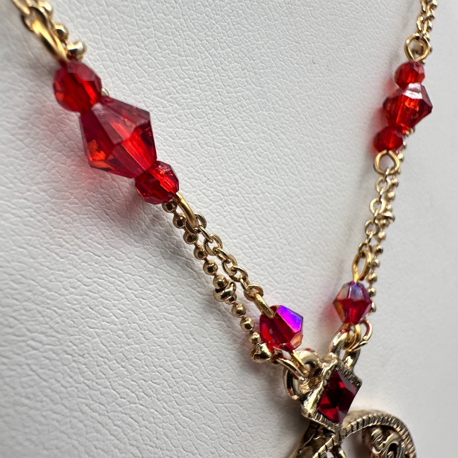 Vintage Y2K Cookie Lee Red Stone Necklace Gold Tone Filigree Tassel Statement - Thumbnail 11