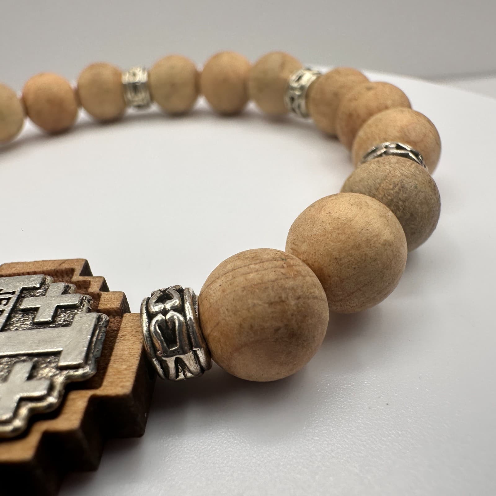 Vintage 90s Jerusalem Cross Stretch Bracelet Olive Wood Beads Religious Jewelry - Thumbnail 7
