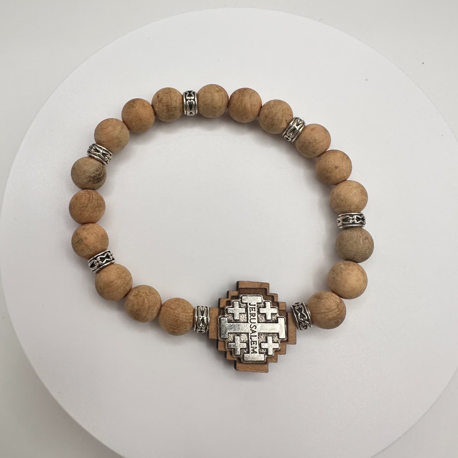 Vintage 90s Jerusalem Cross Stretch Bracelet Olive Wood Beads Religious Jewelry - Thumbnail 9