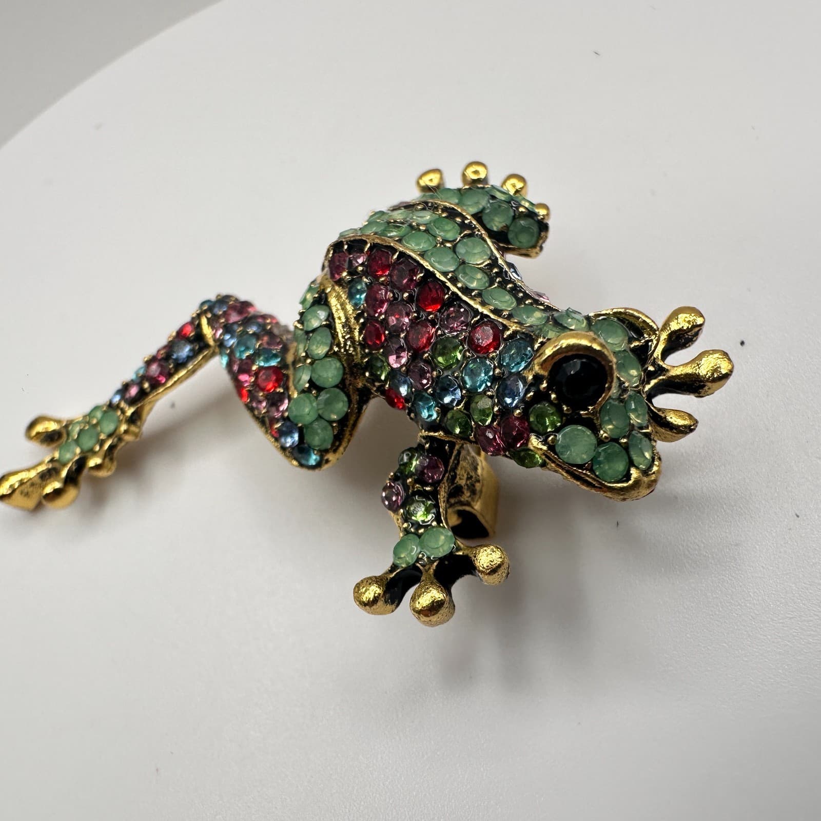 Vintage 90s Rhinestone Frog Brooch Pin Gold Tone Statement Women's Jewelry - Image 1