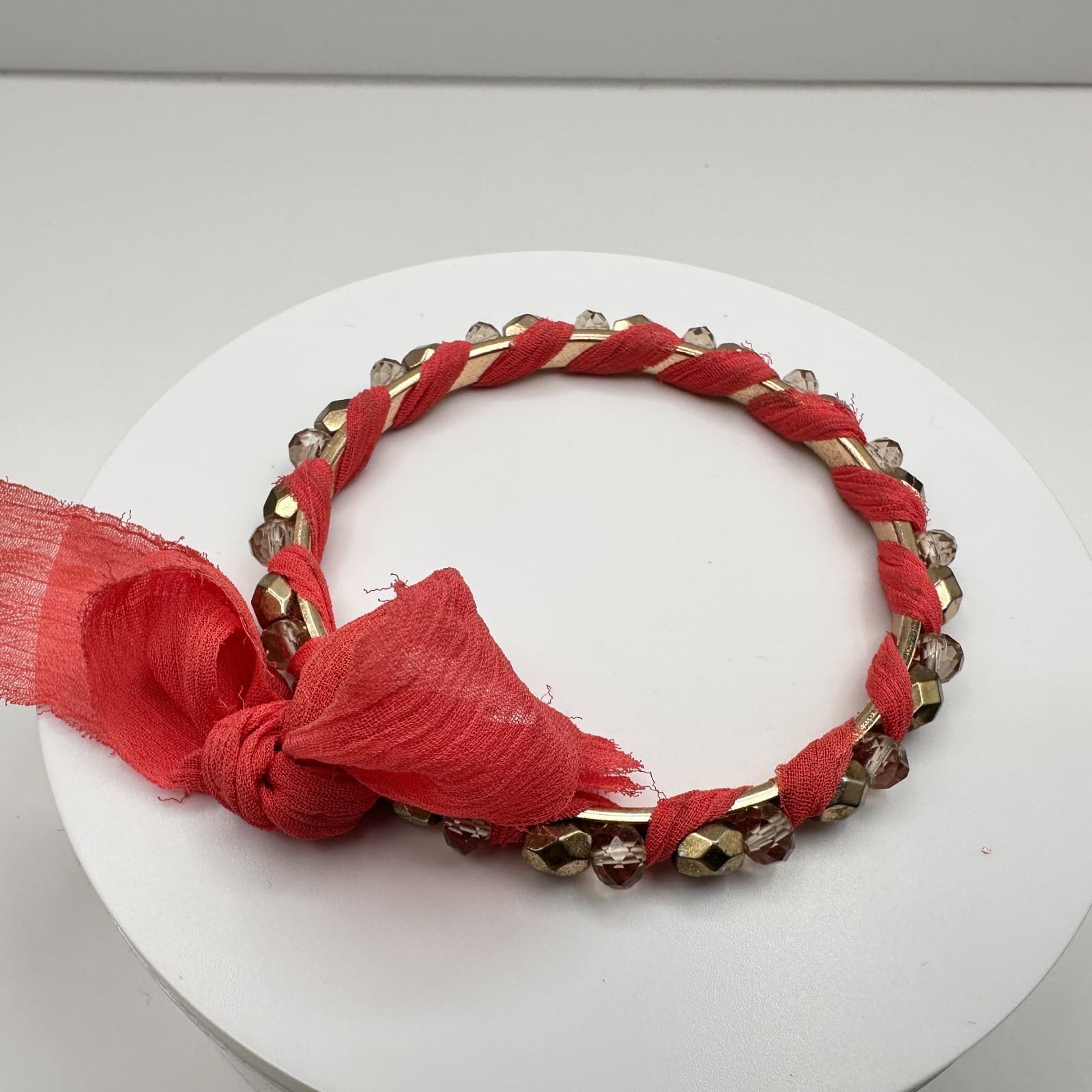 Vintage 90s Boho Coral Red Fabric Wrapped Bracelet Gold Tone Beaded Statement - Image 1